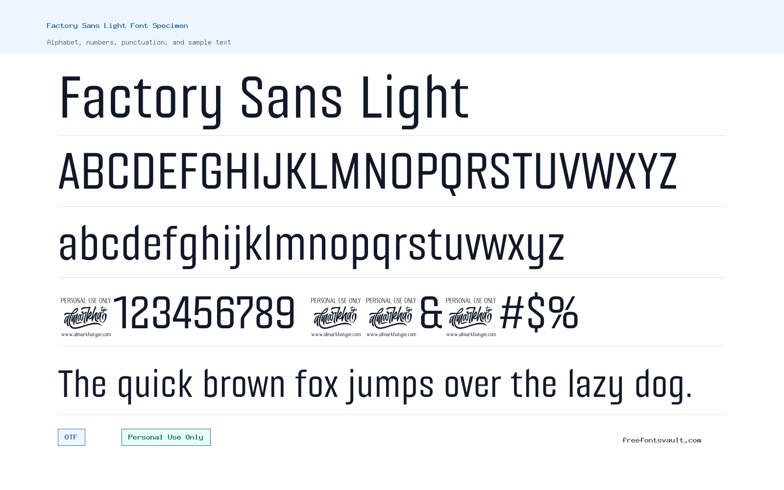 Factory Sans Light font specimen showing alphabet, numbers, and sample text
