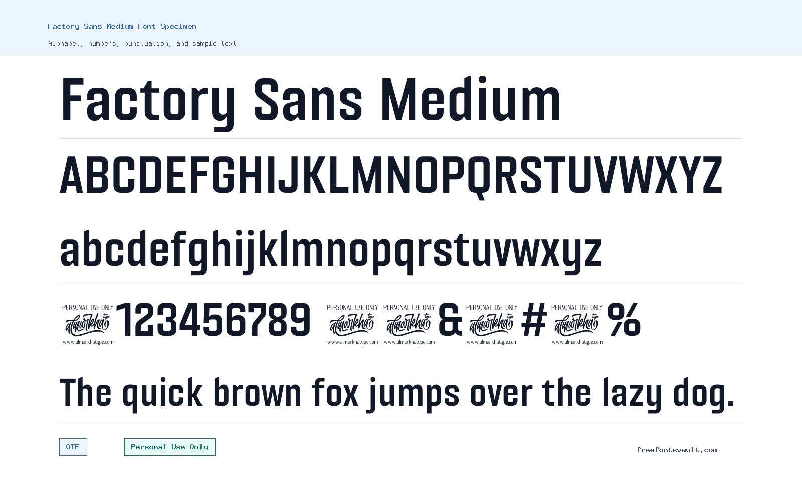 Factory Sans Medium font specimen showing alphabet, numbers, and sample text