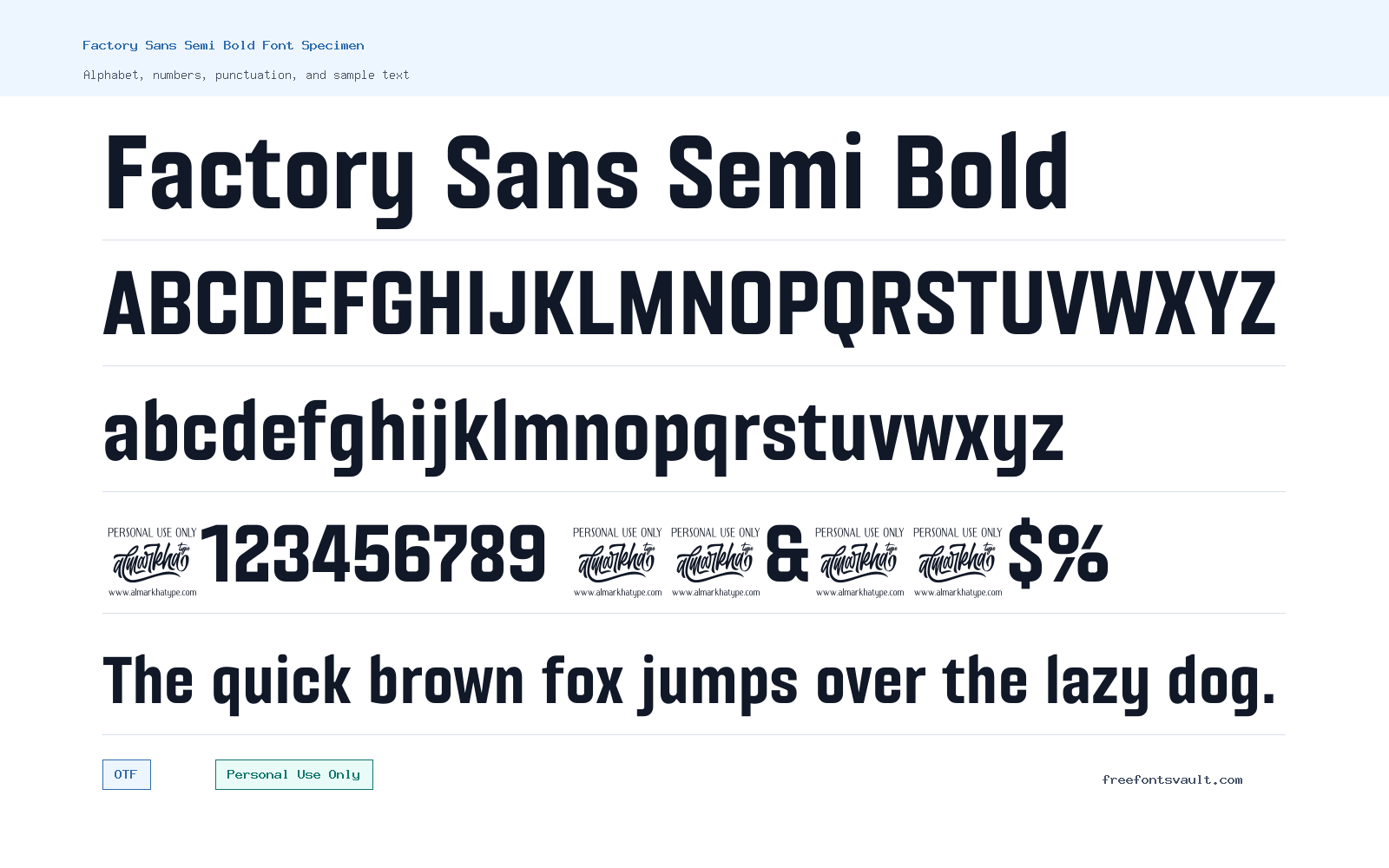 Factory Sans Semi Bold font specimen showing alphabet, numbers, and sample text