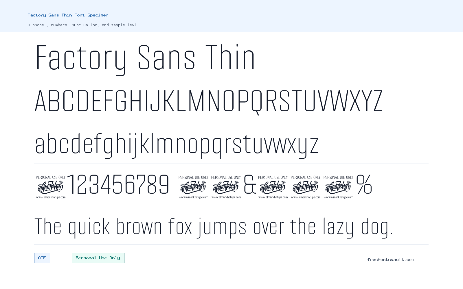 Factory Sans Thin font specimen showing alphabet, numbers, and sample text