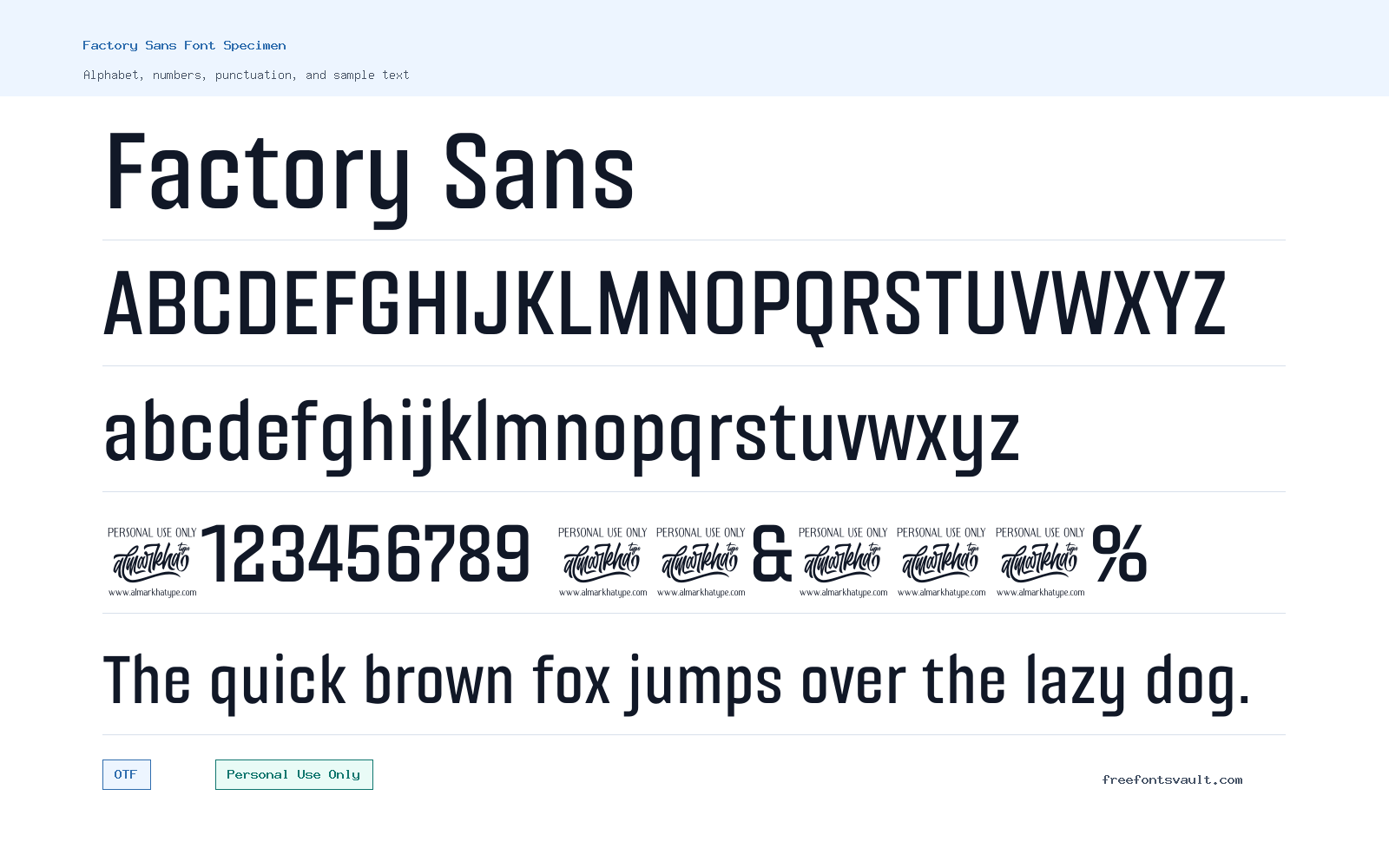 Factory Sans font specimen showing alphabet, numbers, and sample text