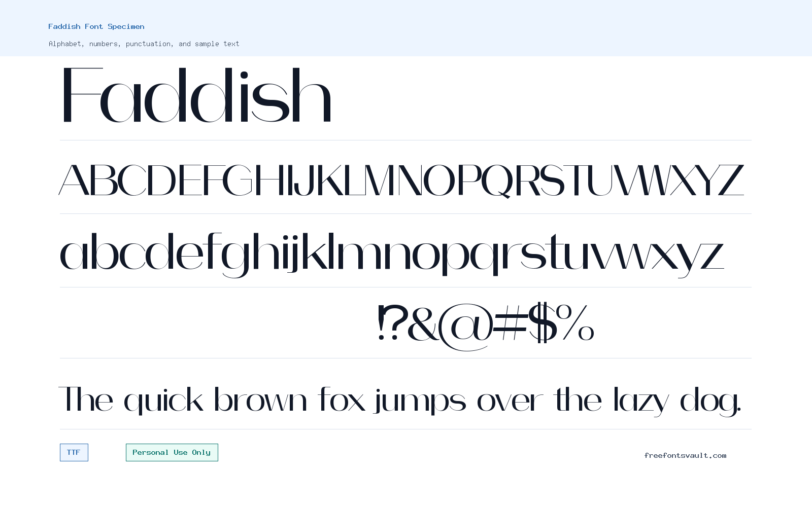 Faddish font specimen showing alphabet, numbers, and sample text