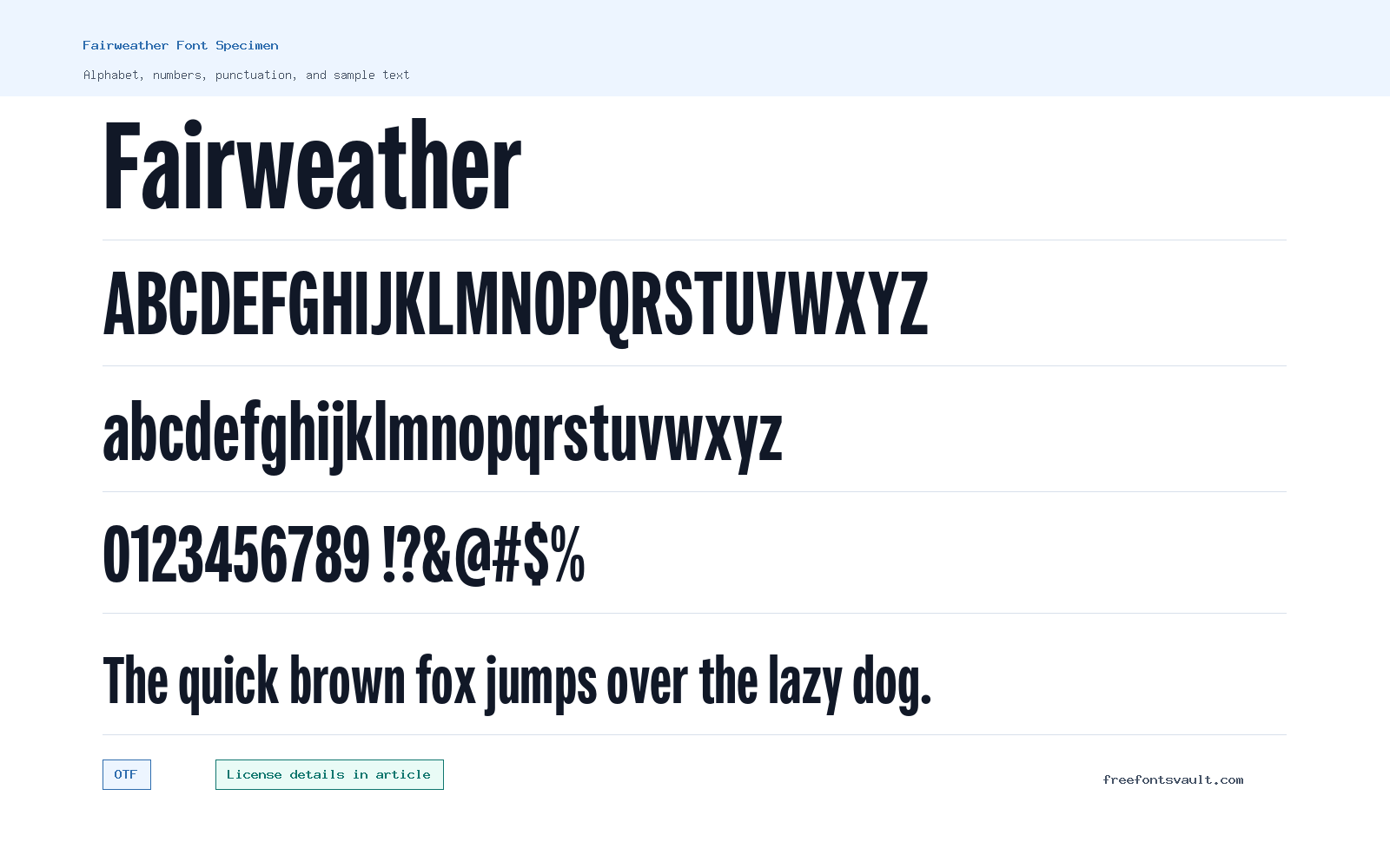 Fairweather font specimen showing alphabet, numbers, and sample text