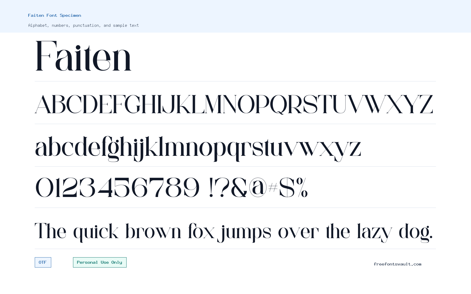 Faiten font specimen showing alphabet, numbers, and sample text