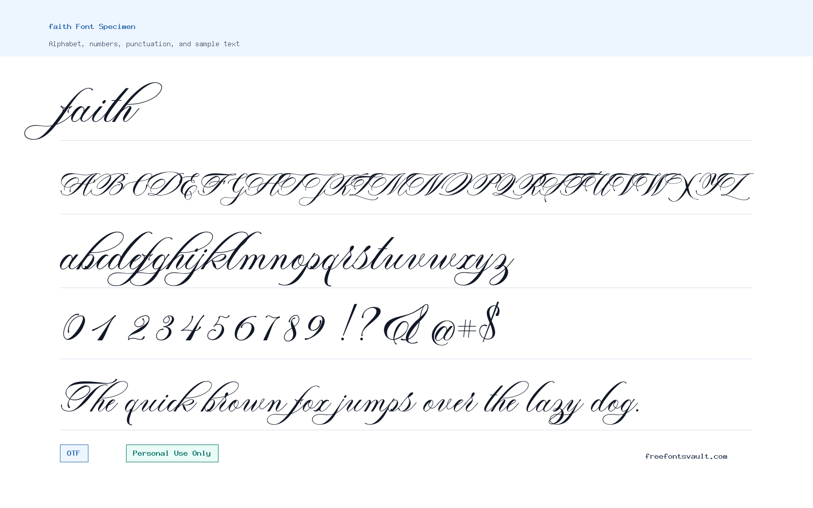 faith font specimen showing alphabet, numbers, and sample text