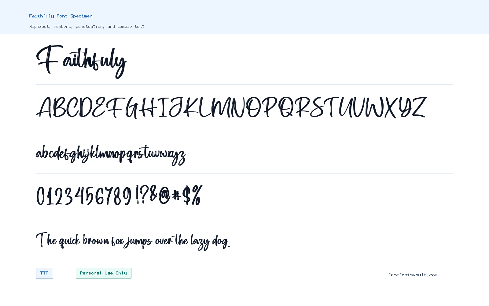 Faithfuly font specimen showing alphabet, numbers, and sample text