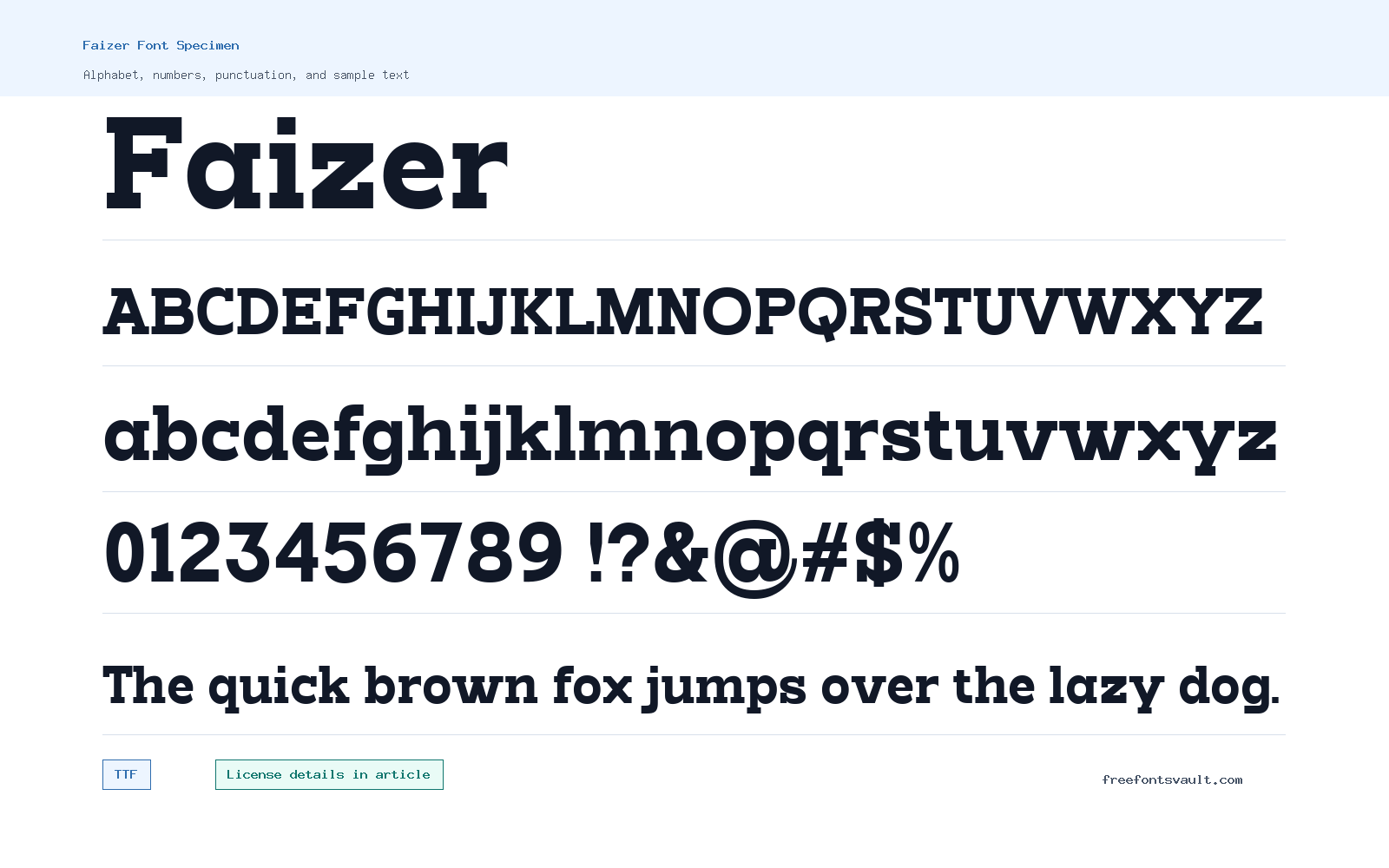 Faizer font specimen showing alphabet, numbers, and sample text