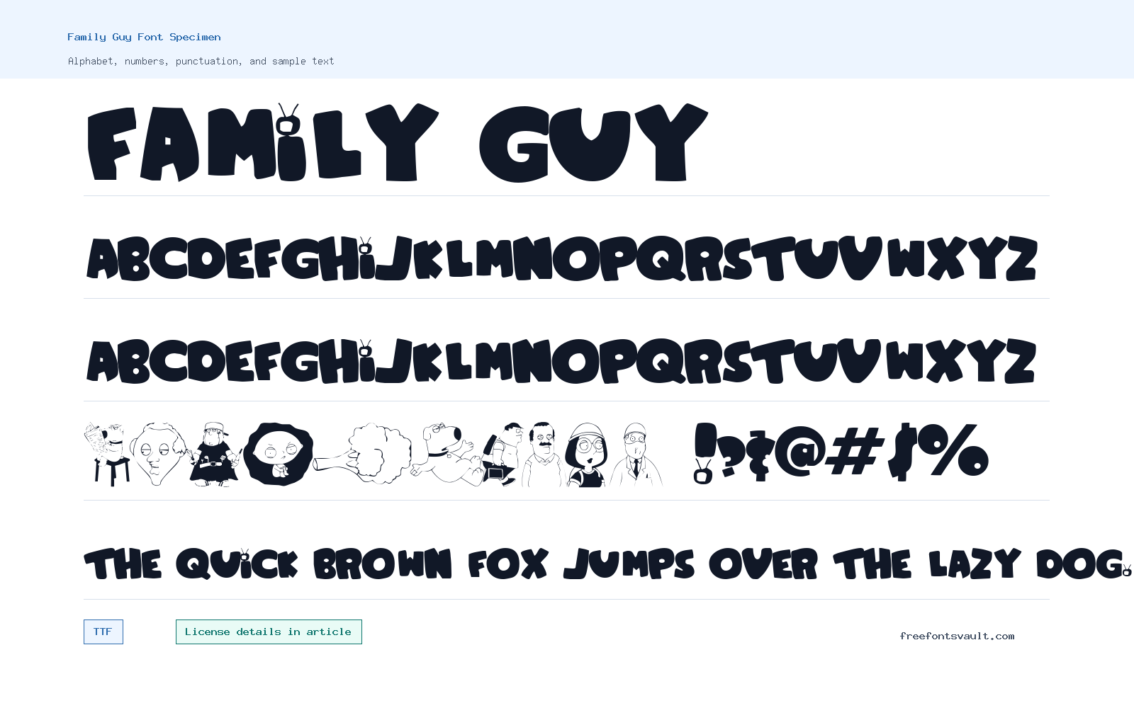 Family Guy font specimen showing alphabet, numbers, and sample text