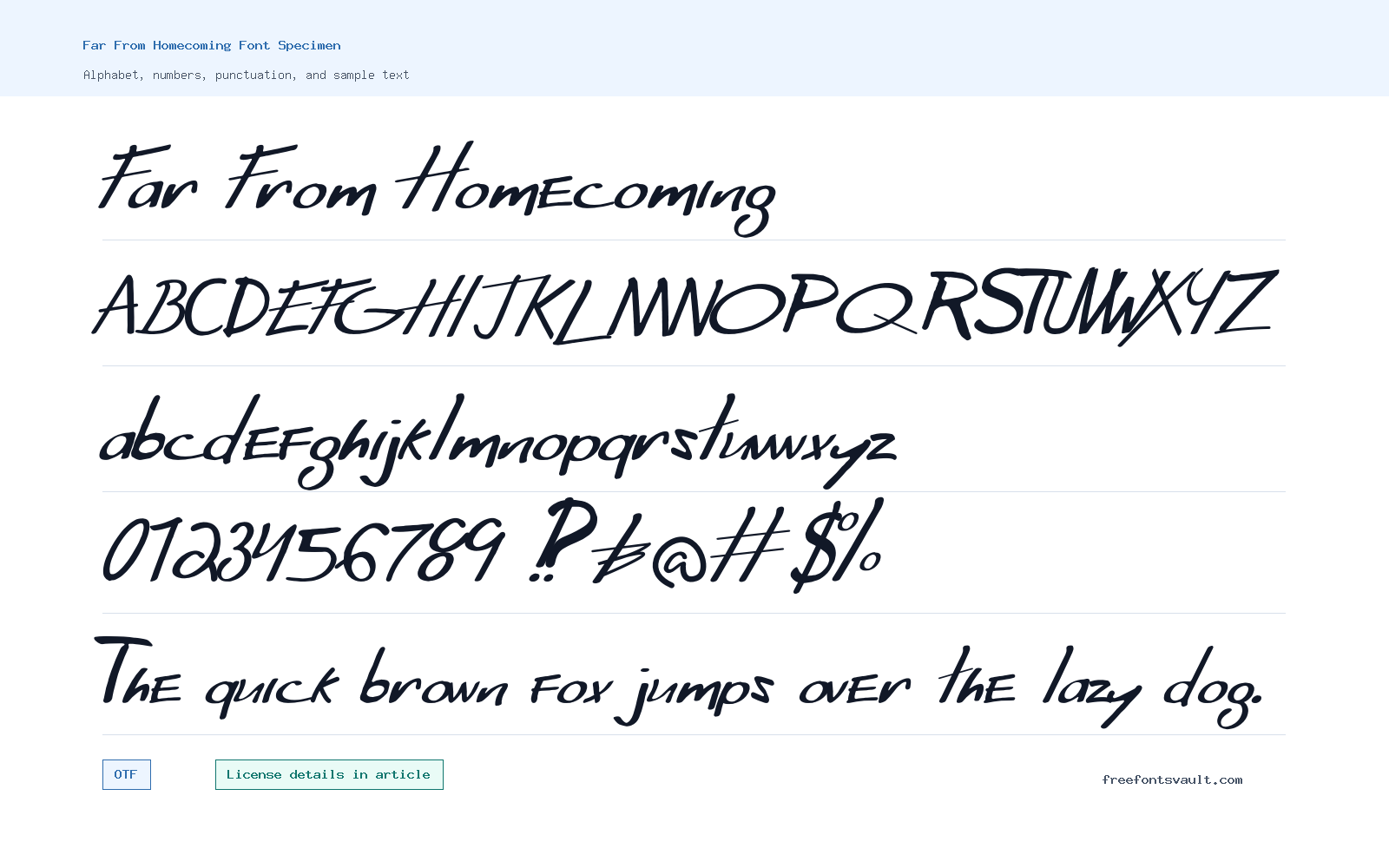 Far From Homecoming font specimen showing alphabet, numbers, and sample text
