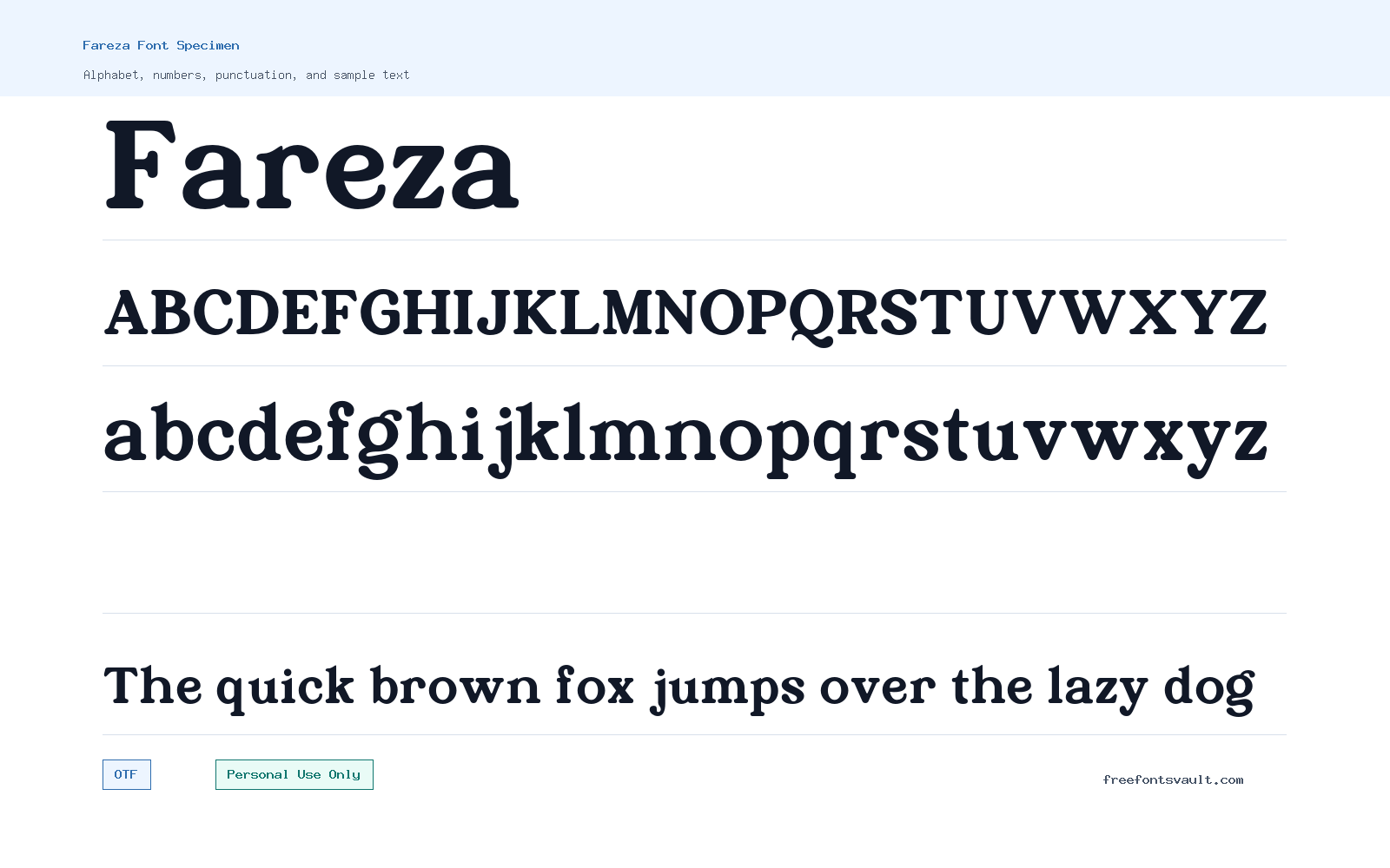 Fareza font specimen showing alphabet, numbers, and sample text