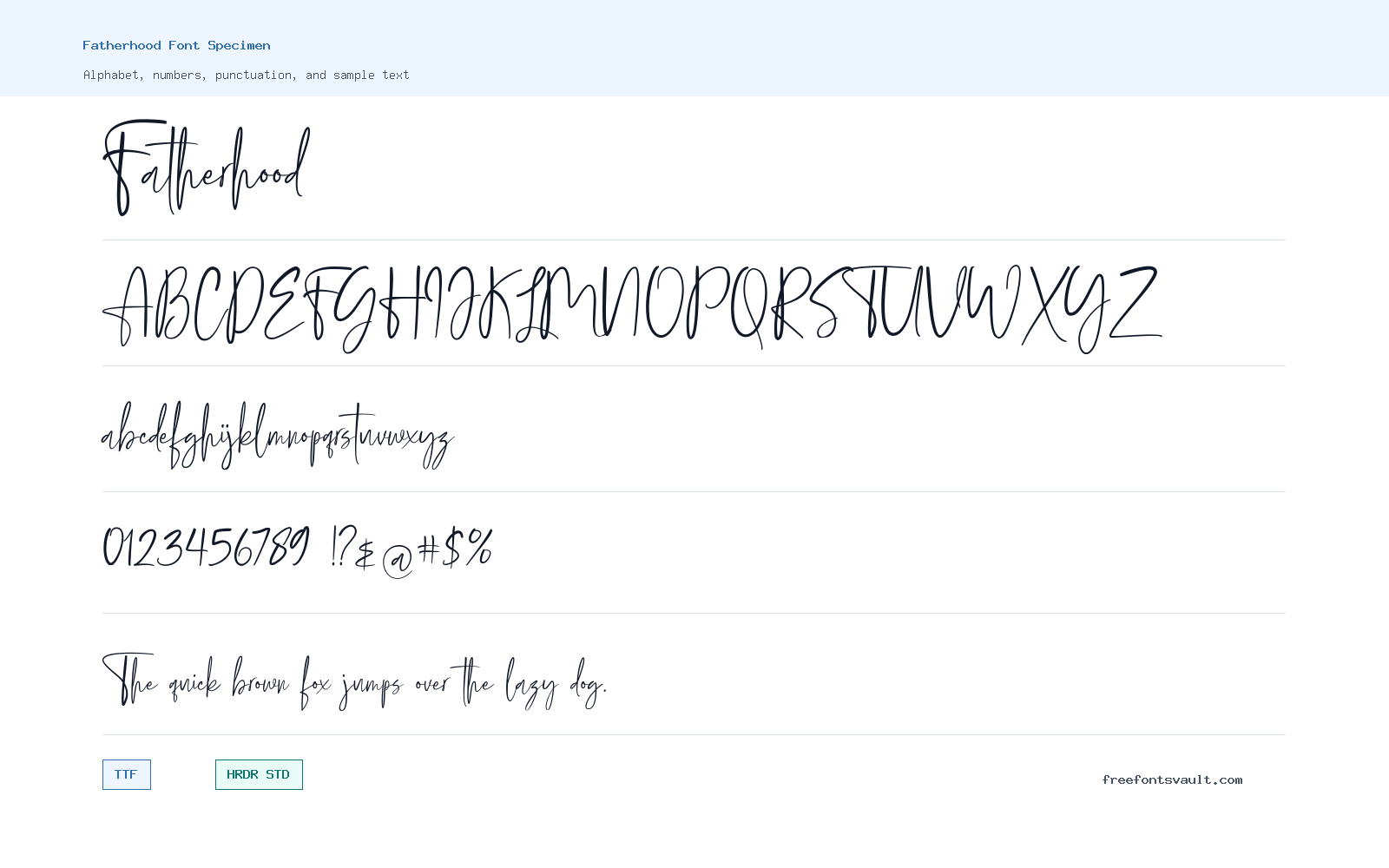 Fatherhood font specimen showing alphabet, numbers, and sample text