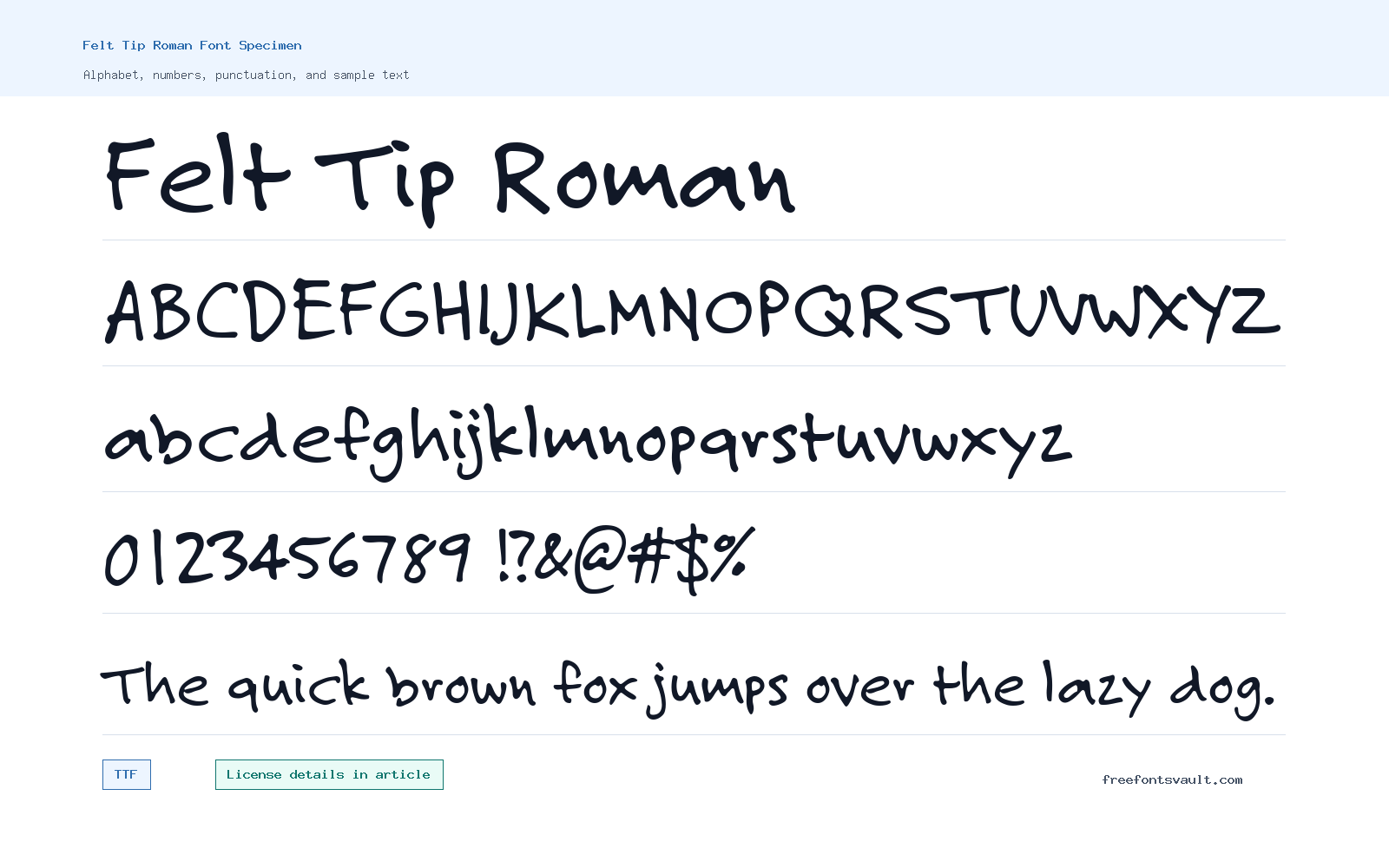 Felt Tip Roman font specimen showing alphabet, numbers, and sample text