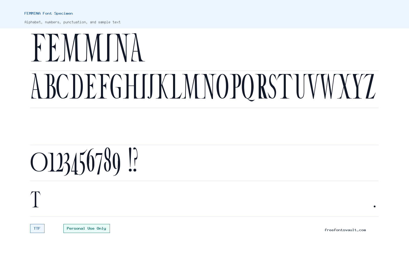 FEMMINA font specimen showing alphabet, numbers, and sample text