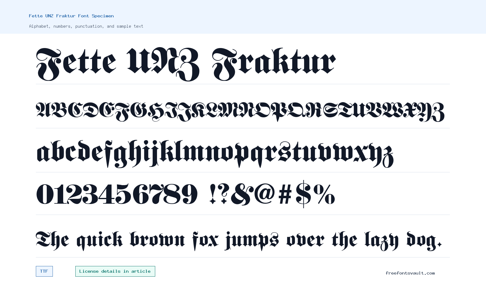 Fette UNZ Fraktur font specimen showing alphabet, numbers, and sample text