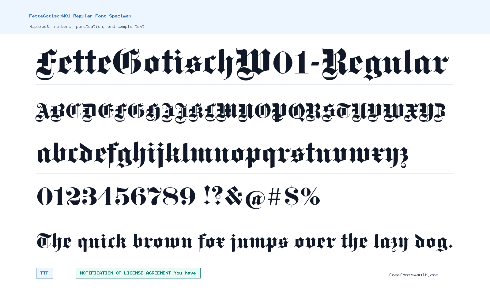 FetteGotischW01-Regular font specimen showing alphabet, numbers, and sample text