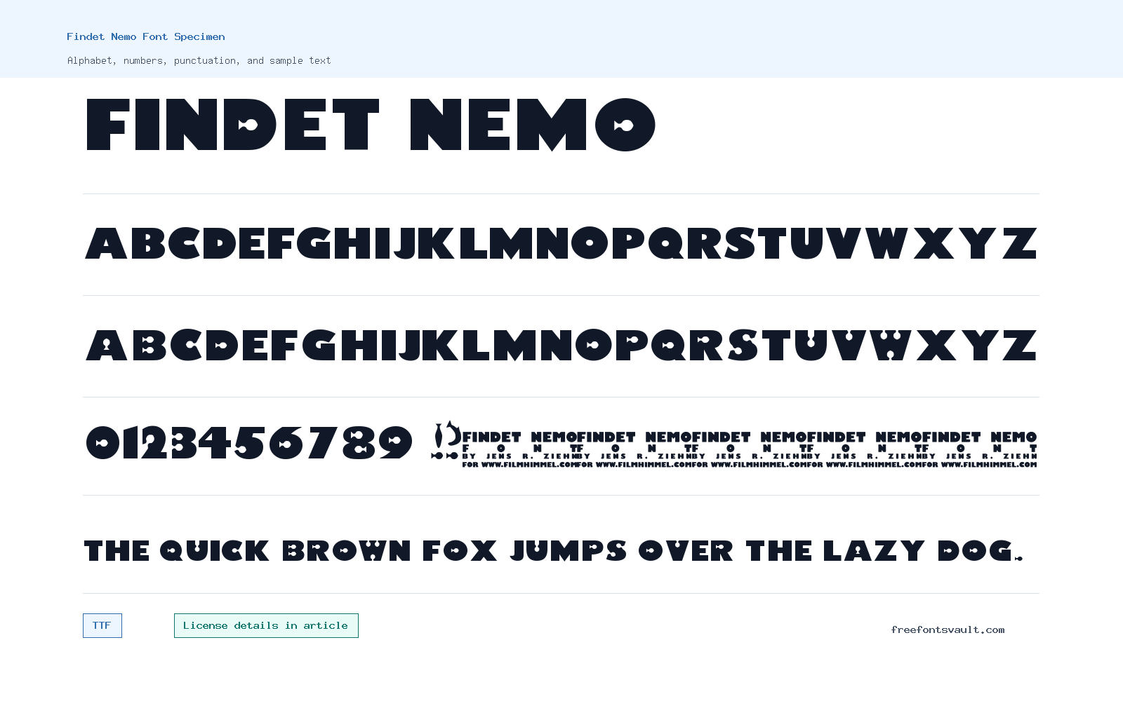 Findet Nemo font specimen showing alphabet, numbers, and sample text