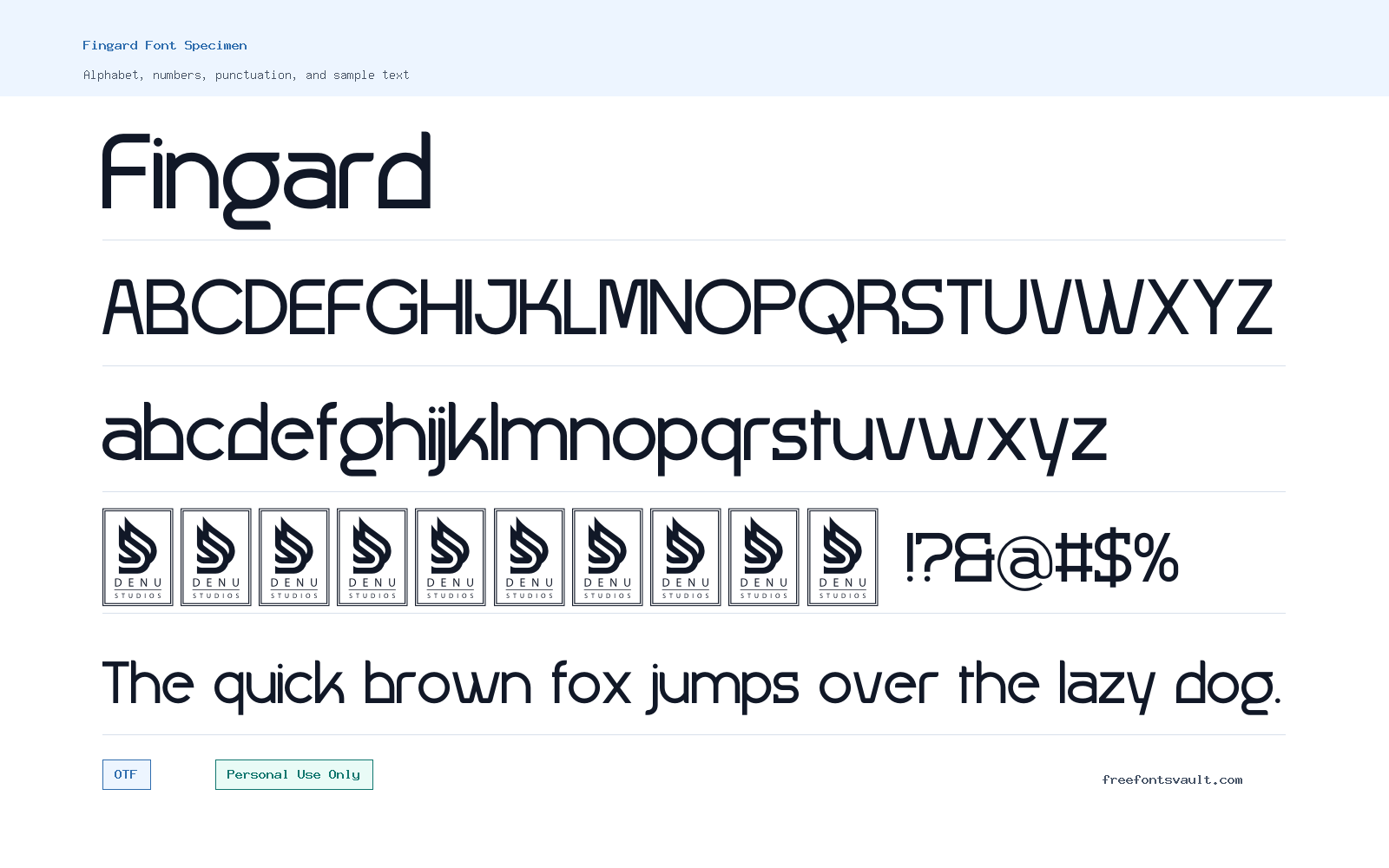 Fingard font specimen showing alphabet, numbers, and sample text