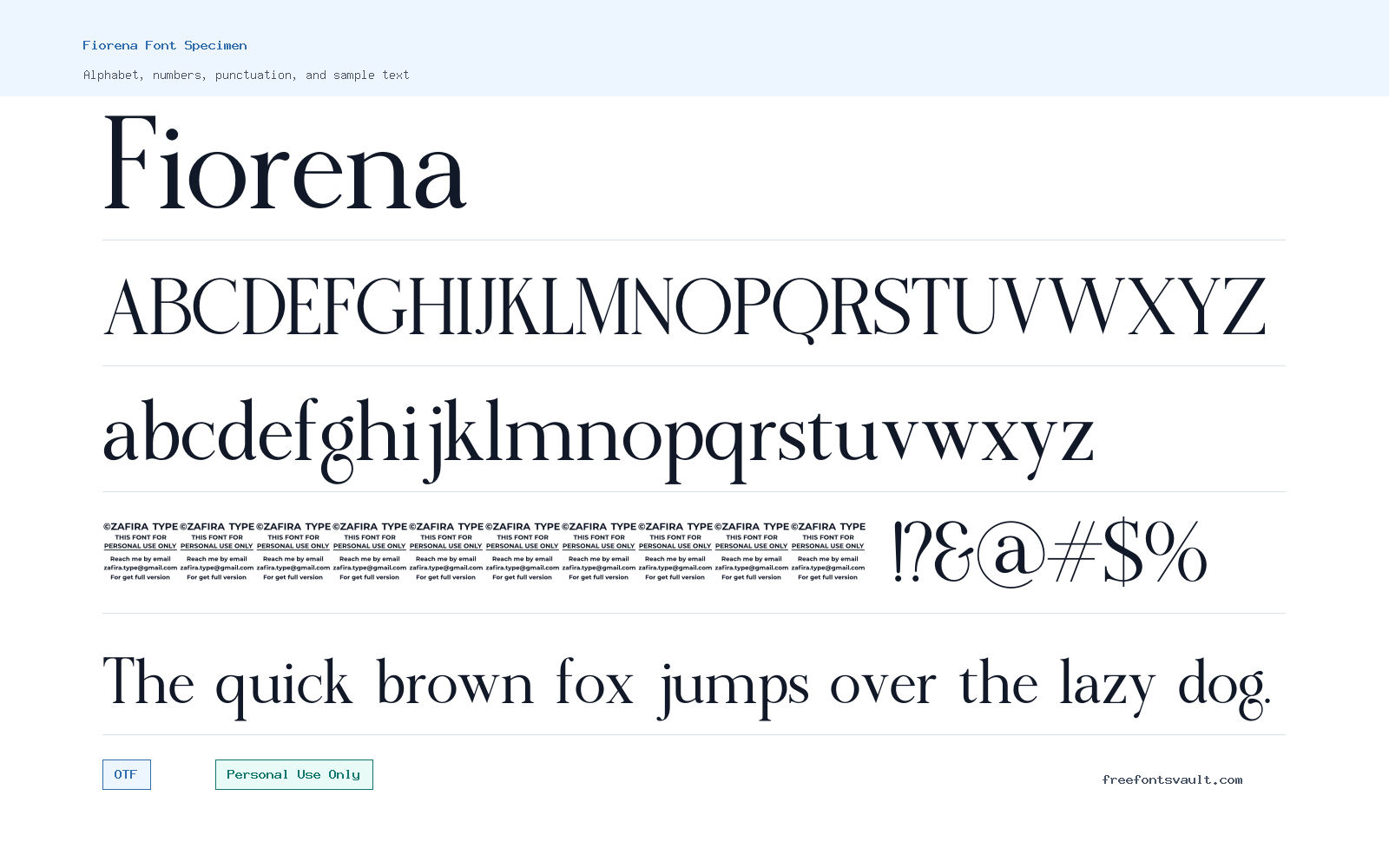 Fiorena font specimen showing alphabet, numbers, and sample text
