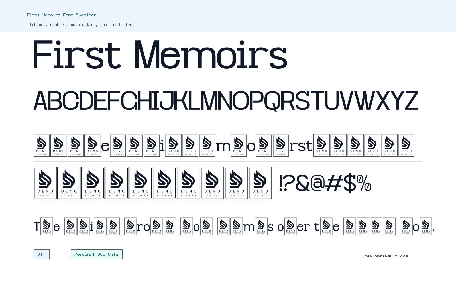 First Memoirs font specimen showing alphabet, numbers, and sample text