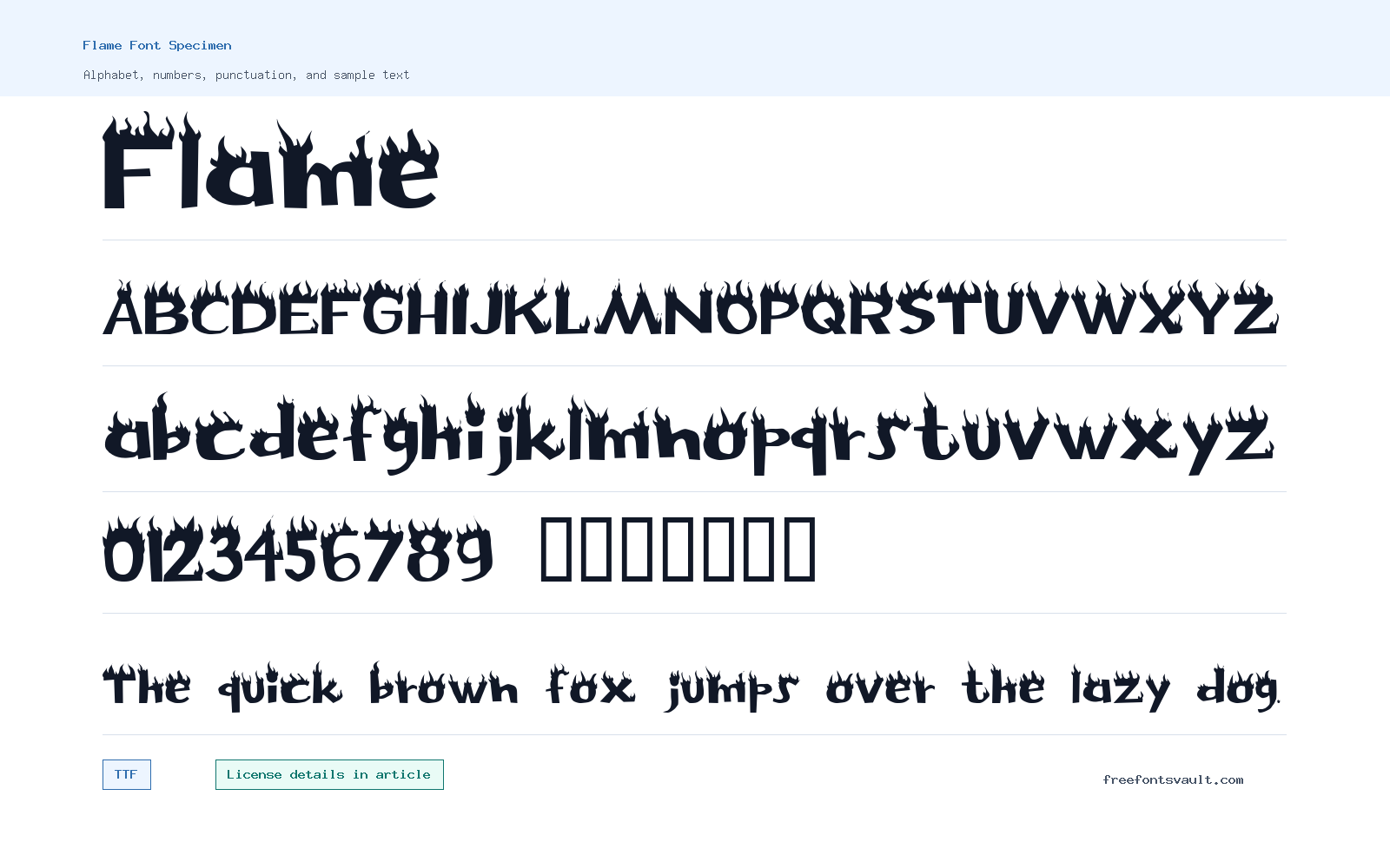 Flame font specimen showing alphabet, numbers, and sample text