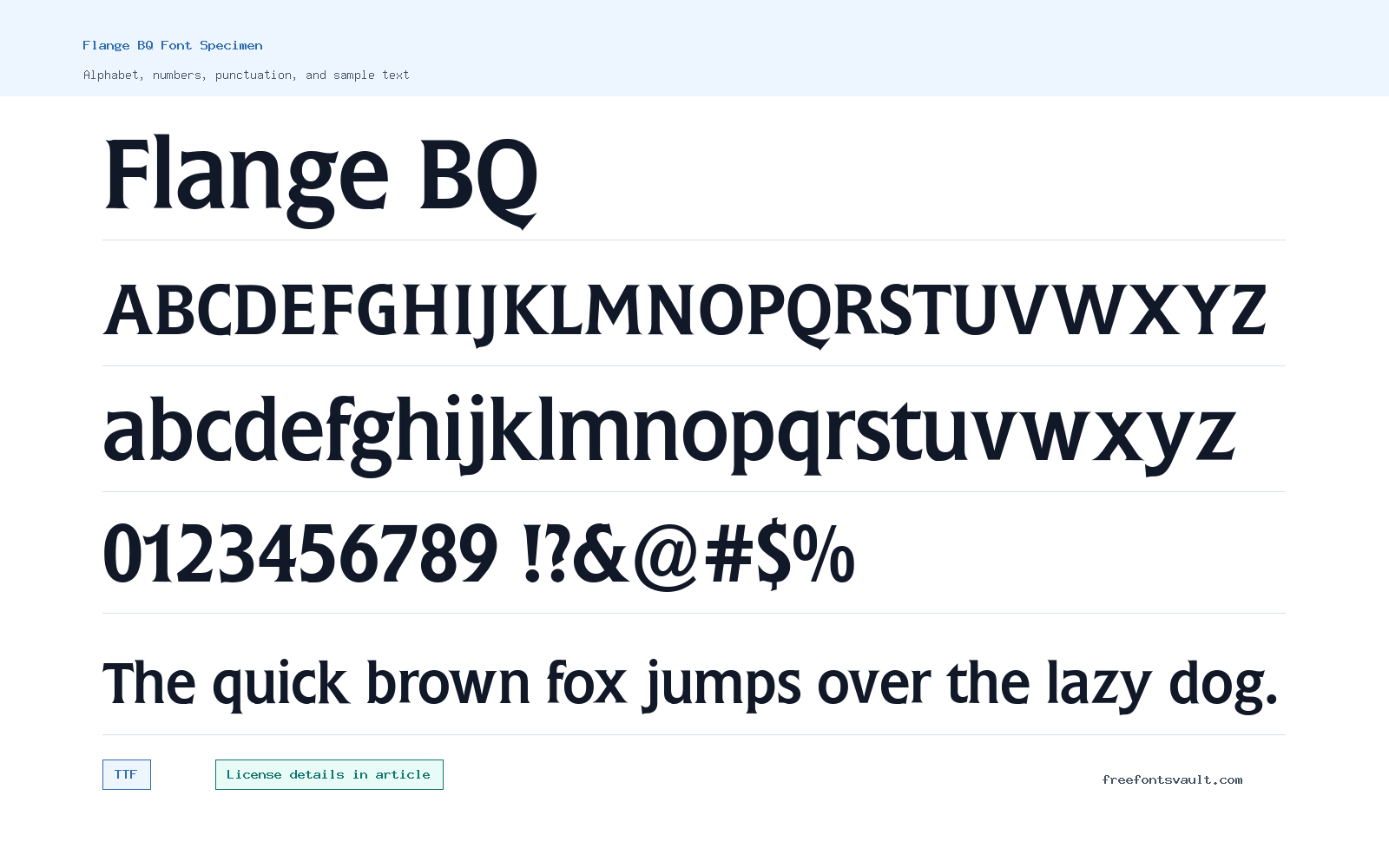 Flange BQ font specimen showing alphabet, numbers, and sample text