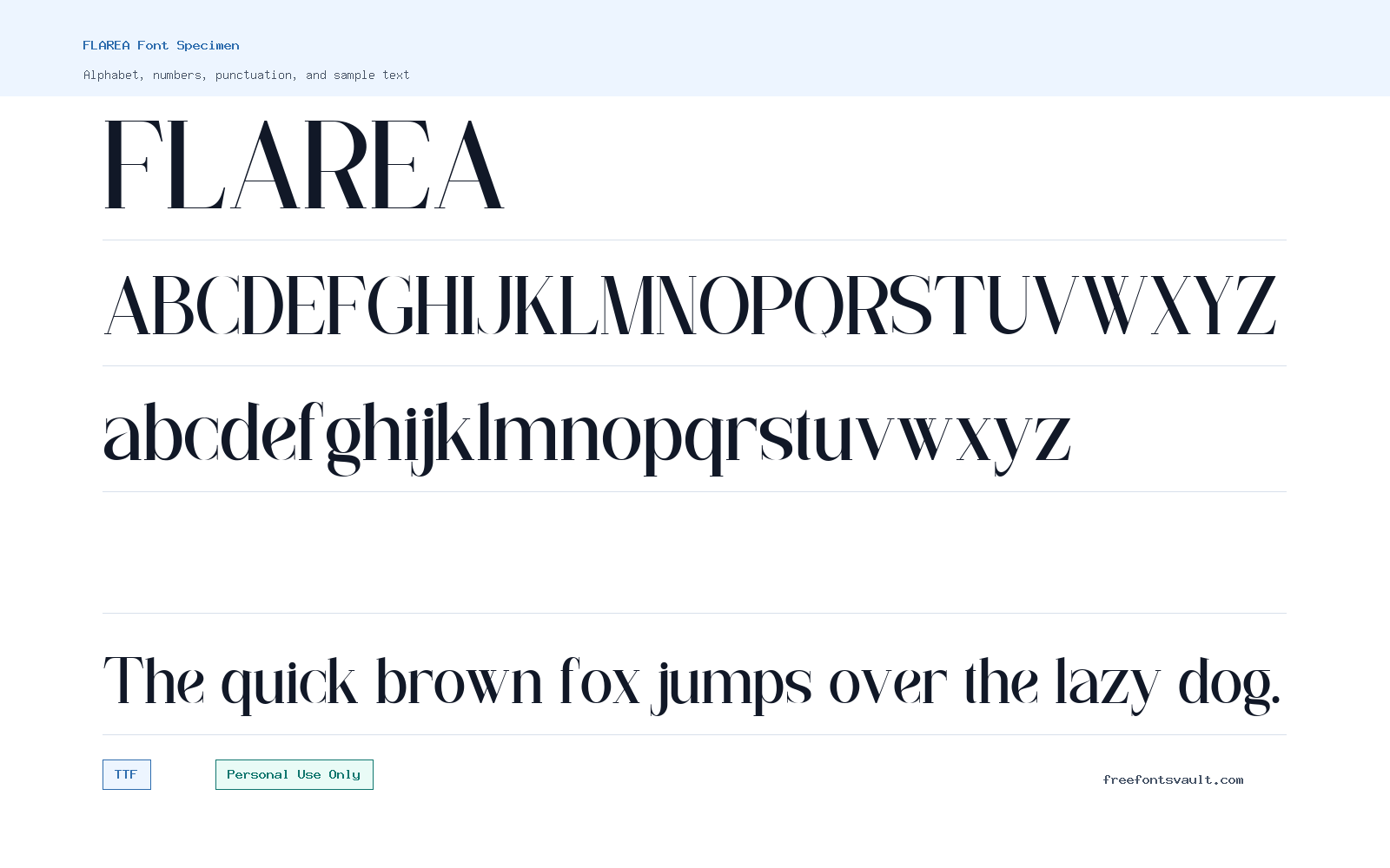 FLAREA font specimen showing alphabet, numbers, and sample text