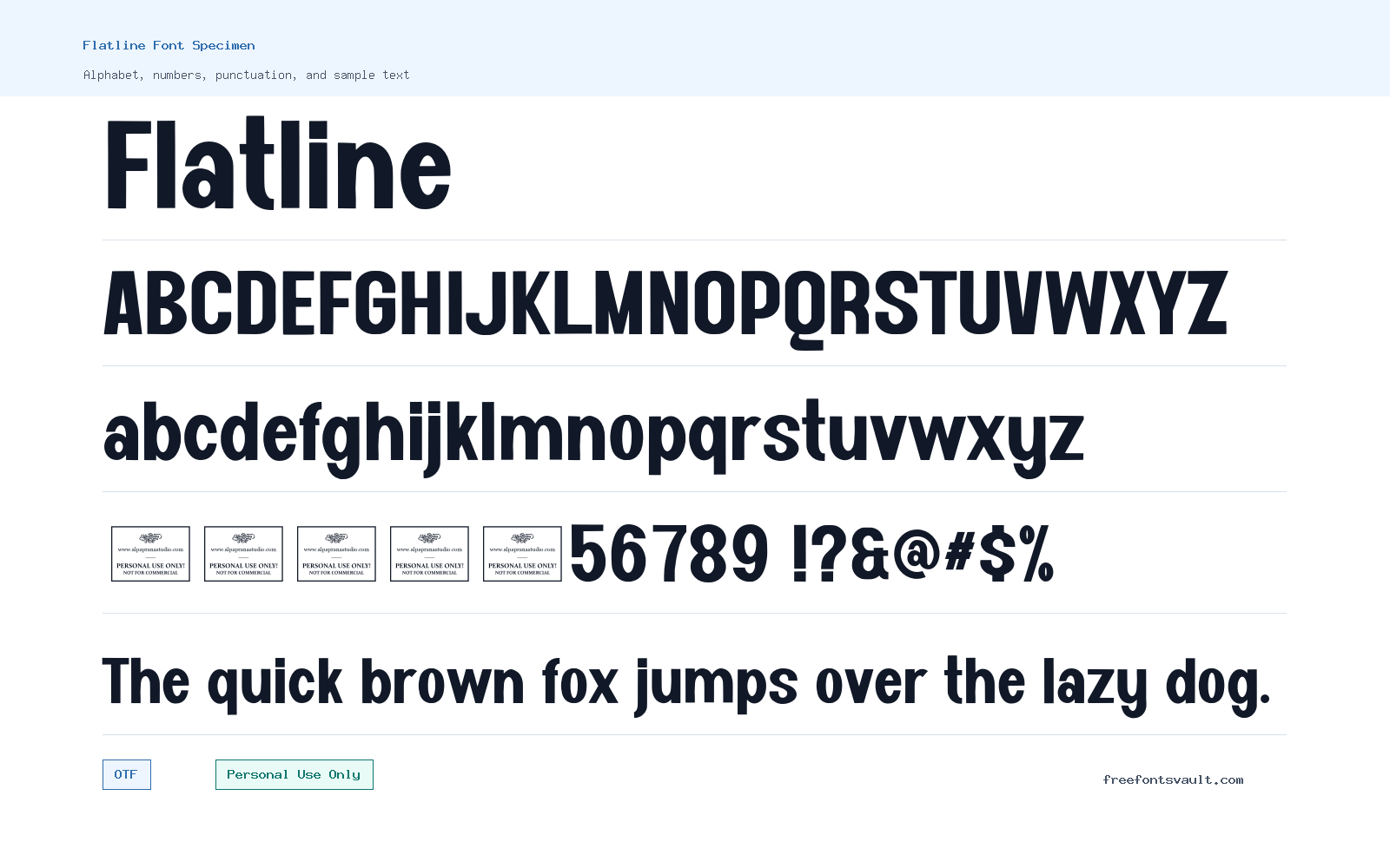 Flatline font specimen showing alphabet, numbers, and sample text