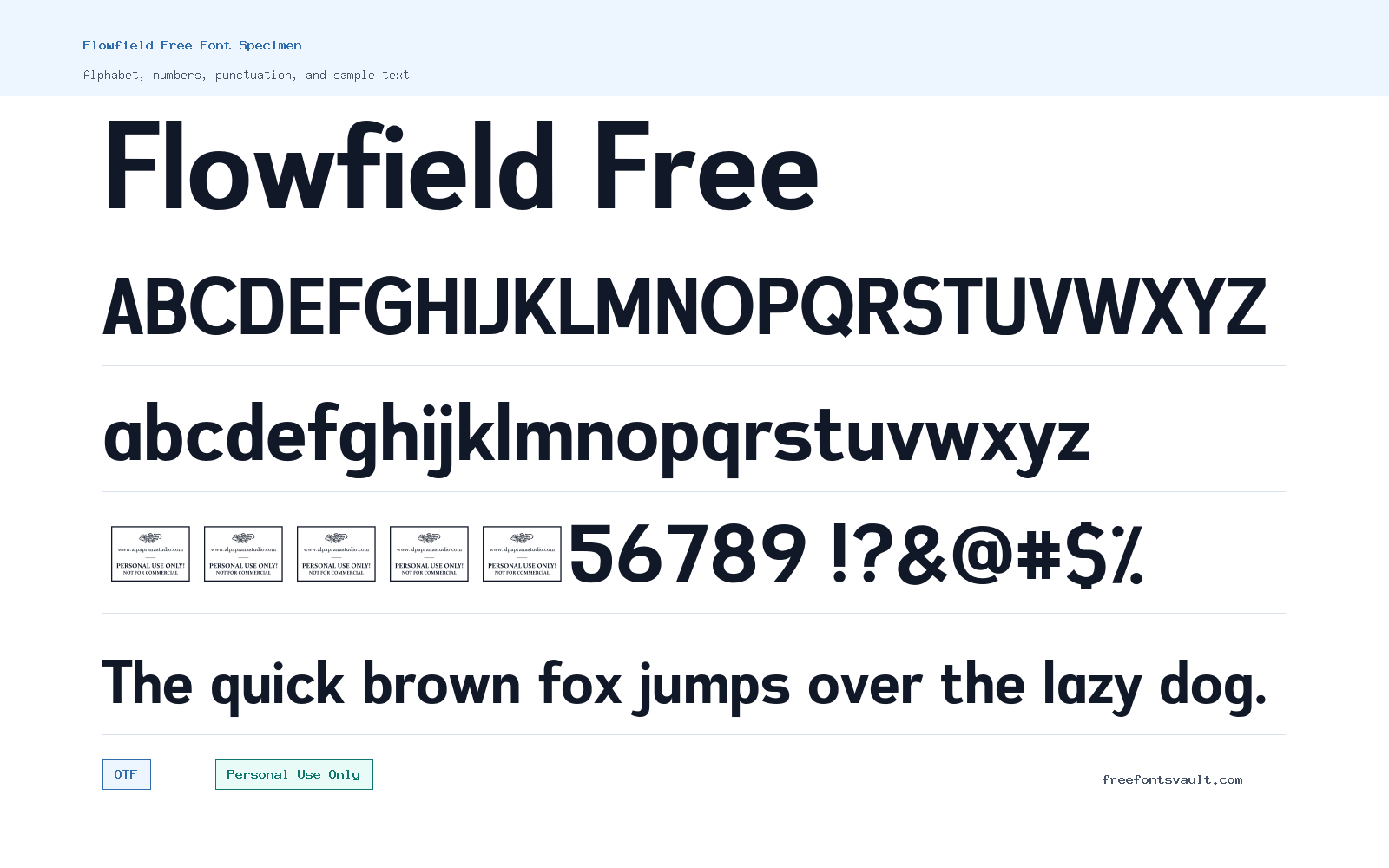 Flowfield Free font specimen showing alphabet, numbers, and sample text