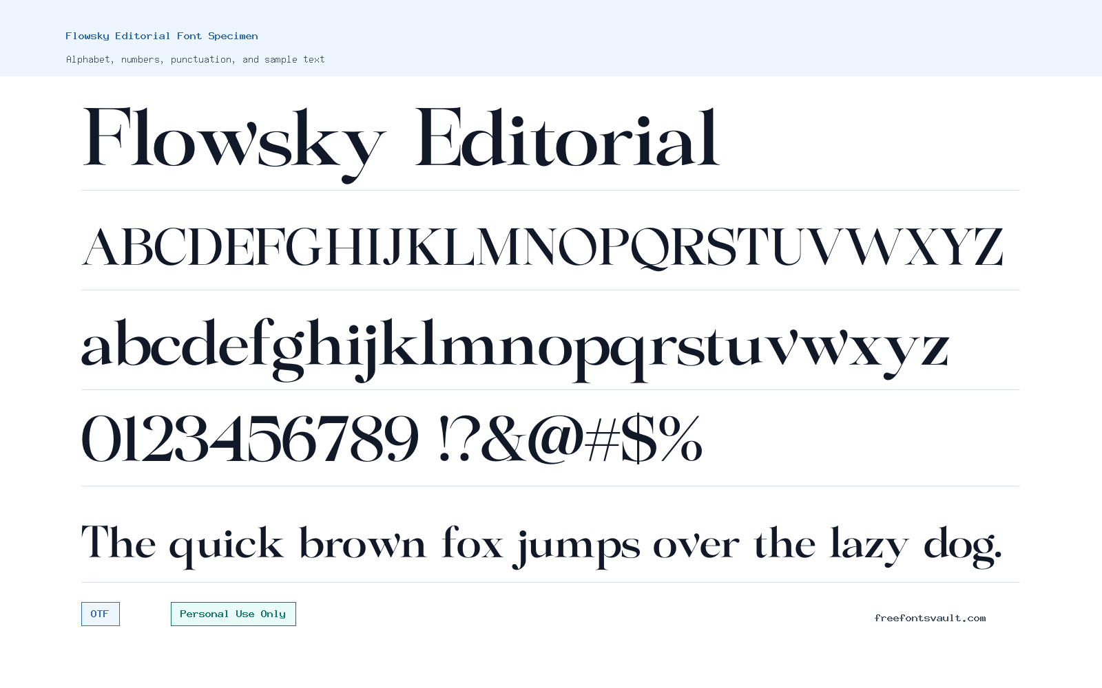 Flowsky Editorial font specimen showing alphabet, numbers, and sample text