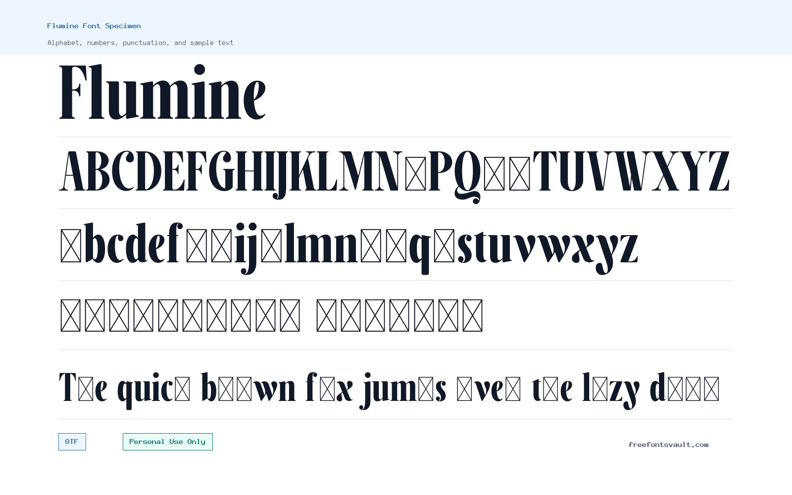 Flumine font specimen showing alphabet, numbers, and sample text
