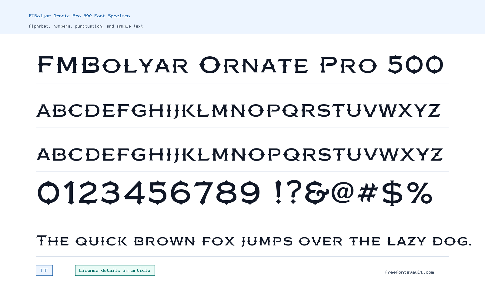 FMBolyar Ornate Pro 500 font specimen showing alphabet, numbers, and sample text