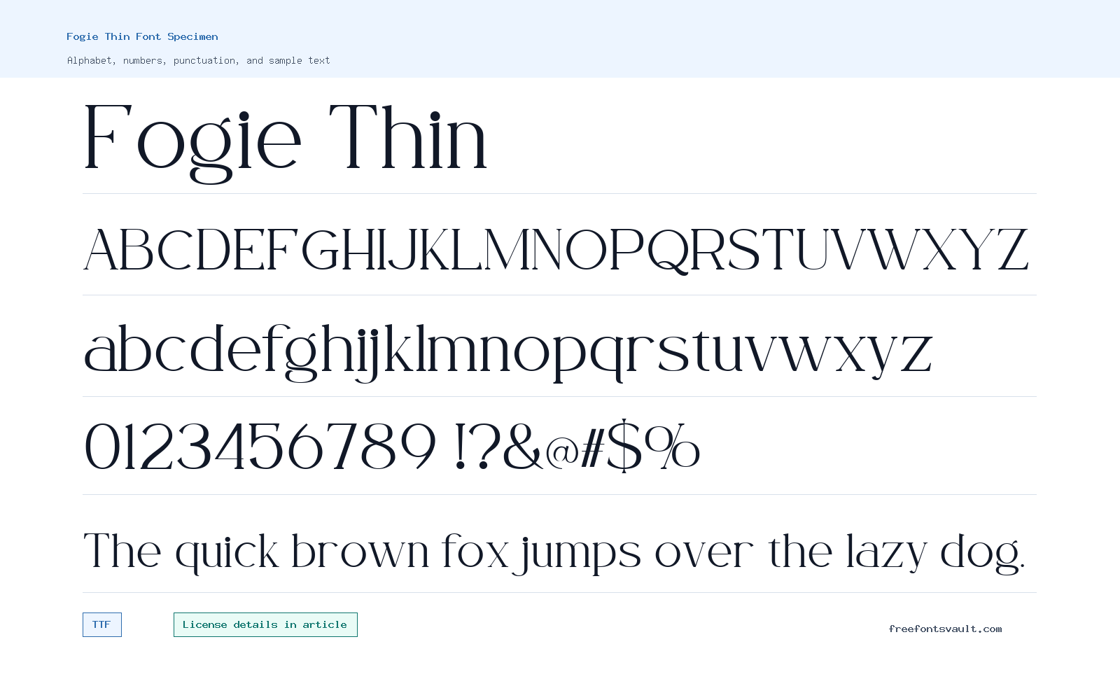 Fogie Thin font specimen showing alphabet, numbers, and sample text