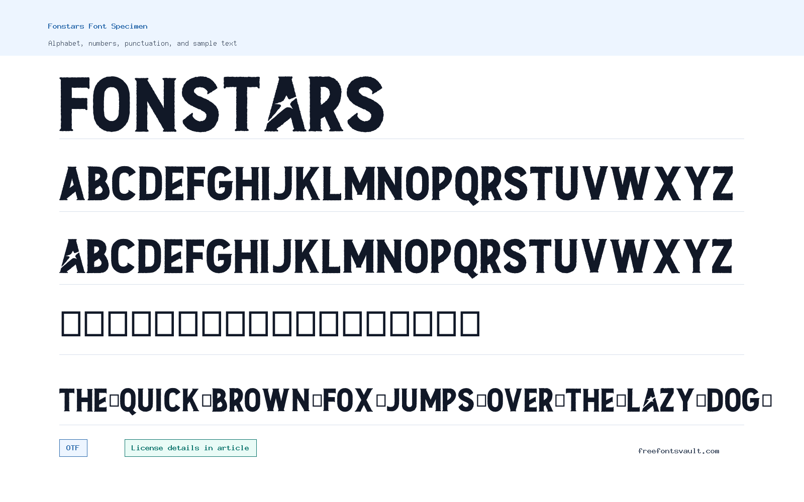 Fonstars font specimen showing alphabet, numbers, and sample text