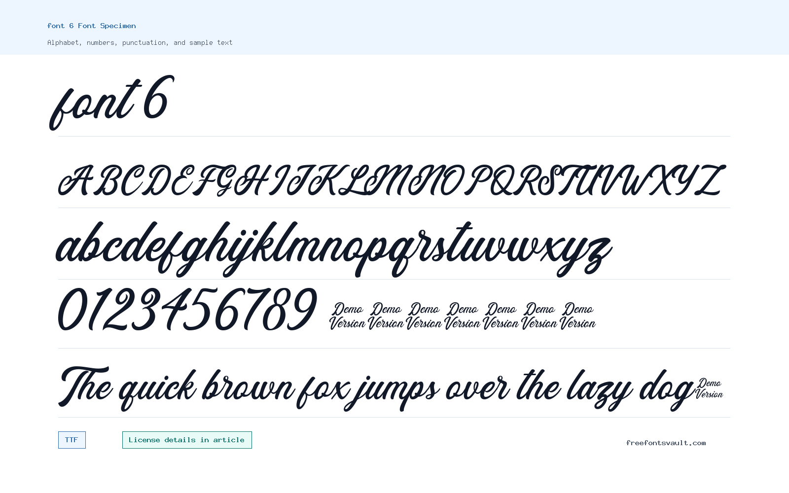 font 6 font specimen showing alphabet, numbers, and sample text