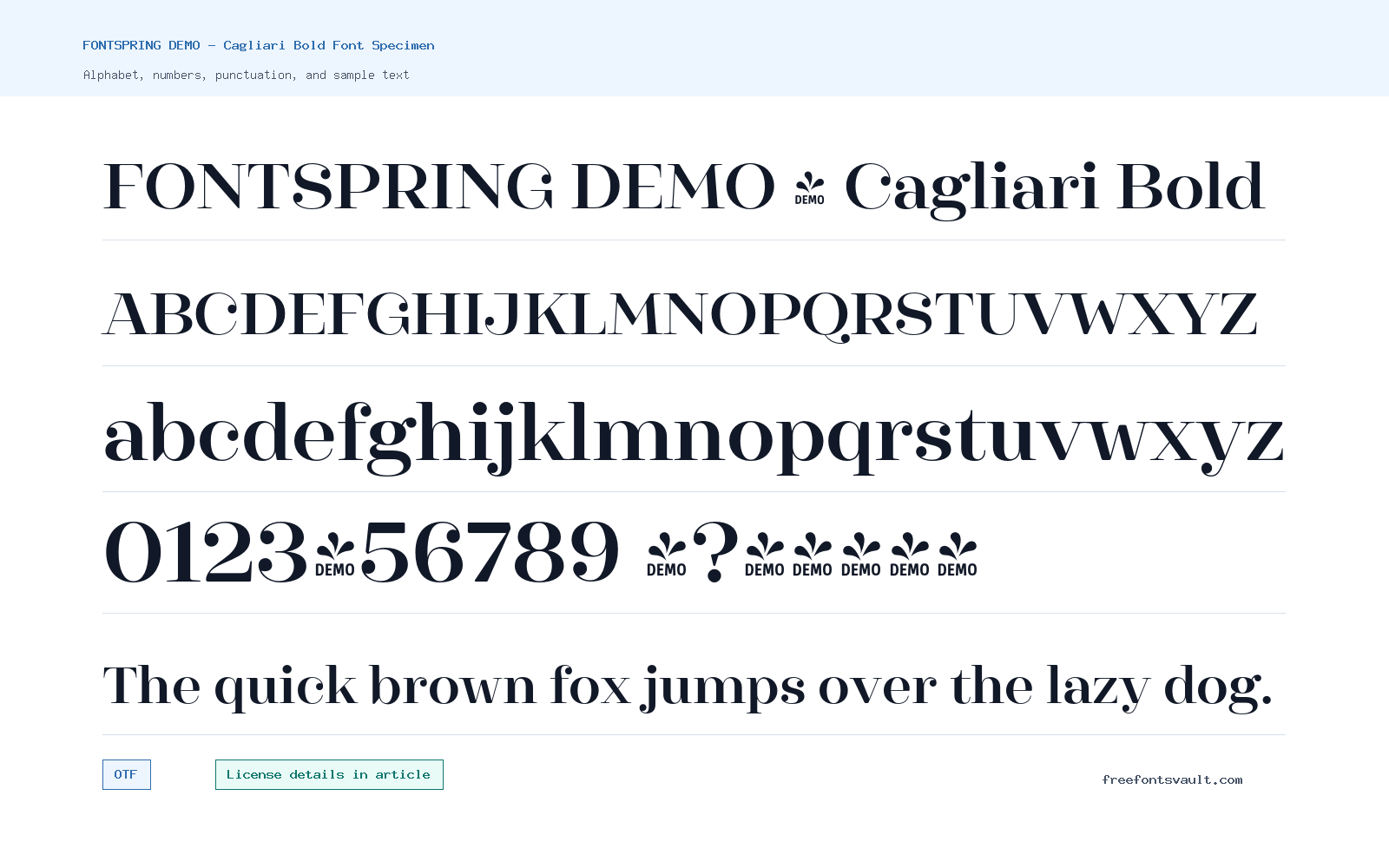 FONTSPRING DEMO - Cagliari Bold font specimen showing alphabet, numbers, and sample text