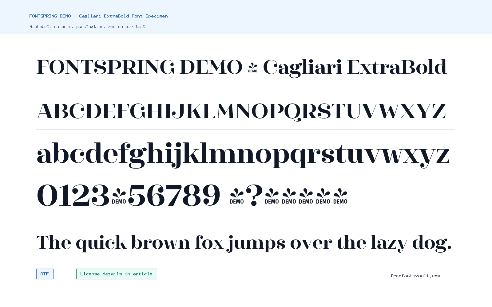 FONTSPRING DEMO - Cagliari ExtraBold font specimen showing alphabet, numbers, and sample text