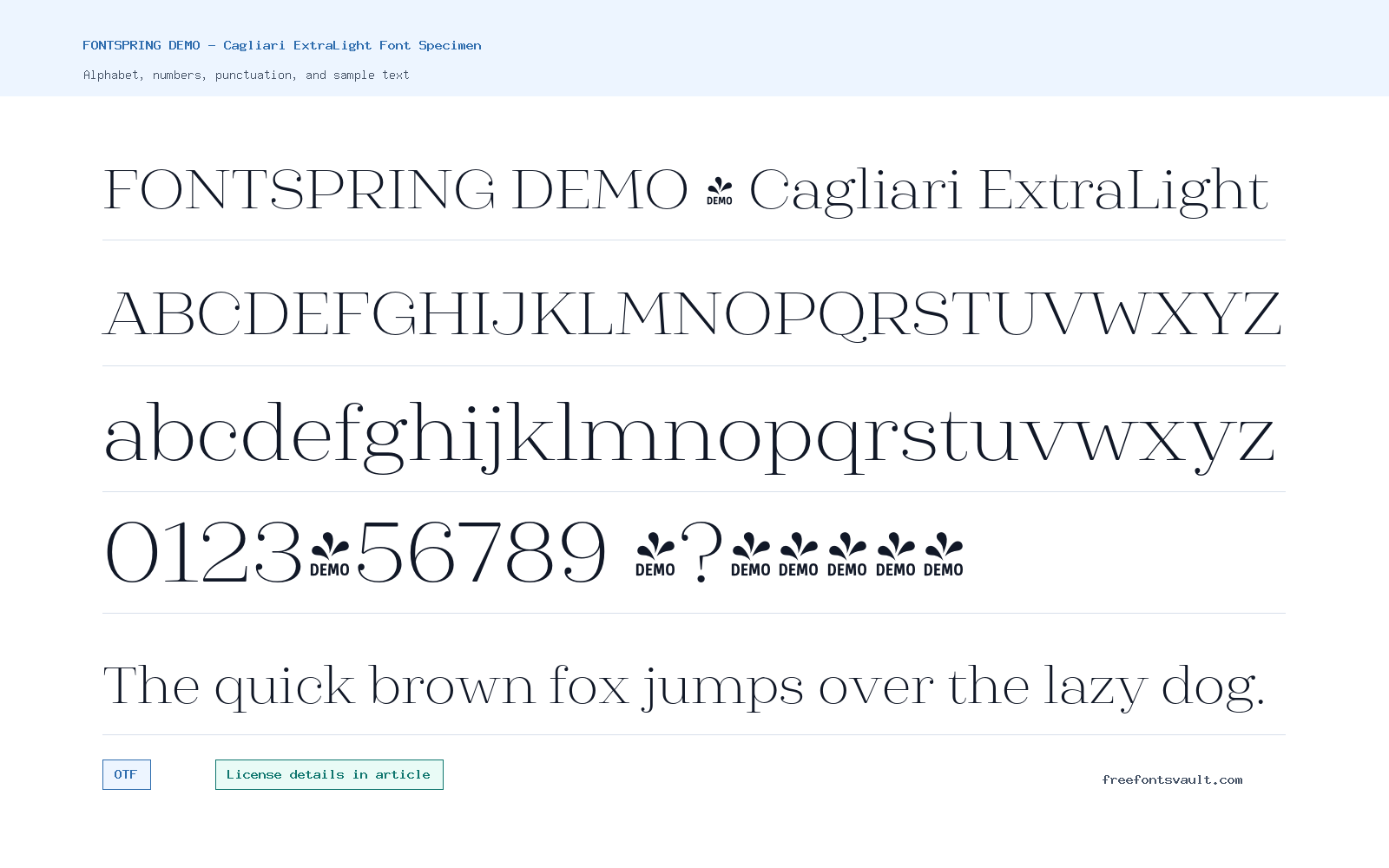 FONTSPRING DEMO - Cagliari ExtraLight font specimen showing alphabet, numbers, and sample text