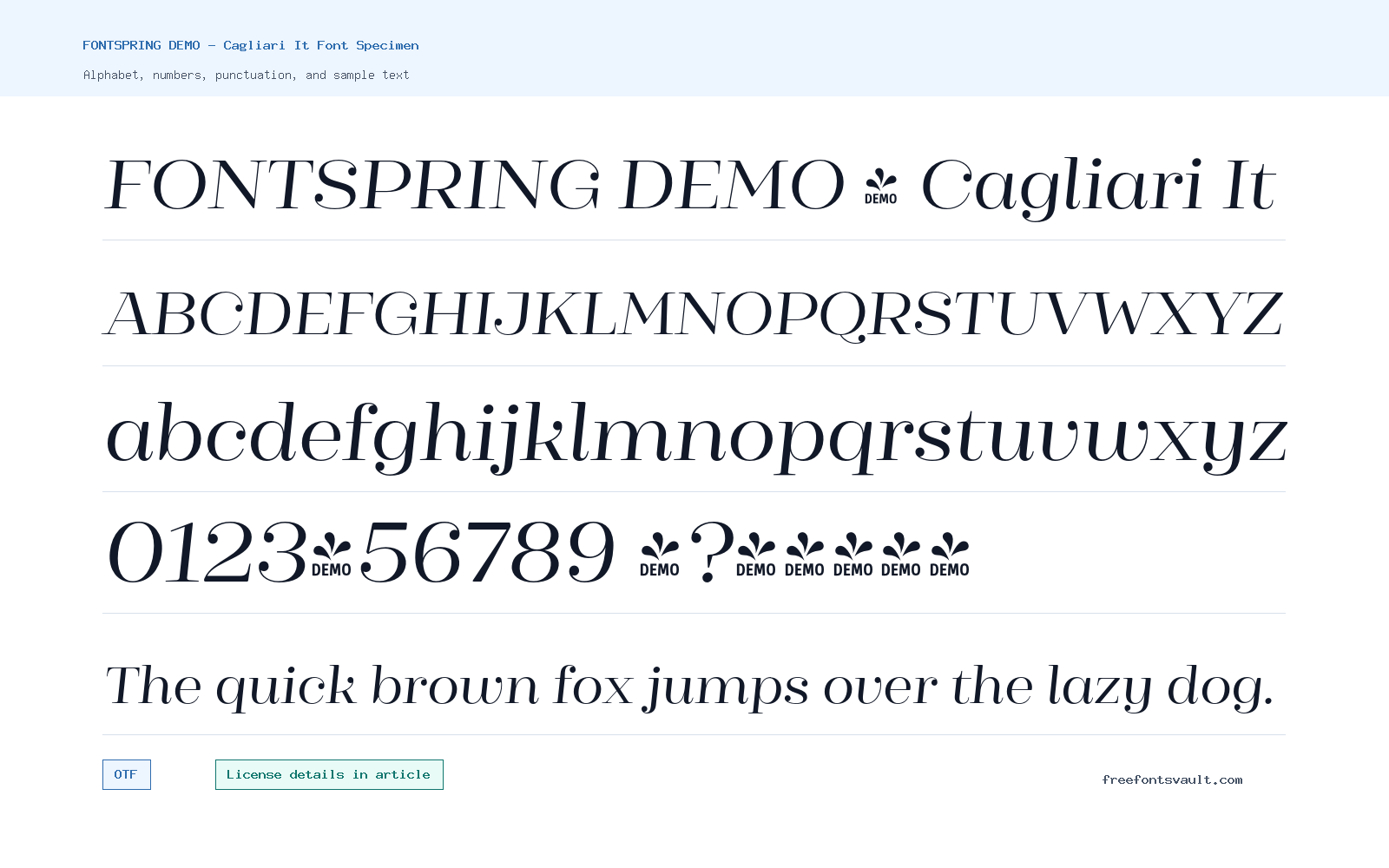 FONTSPRING DEMO - Cagliari It font specimen showing alphabet, numbers, and sample text