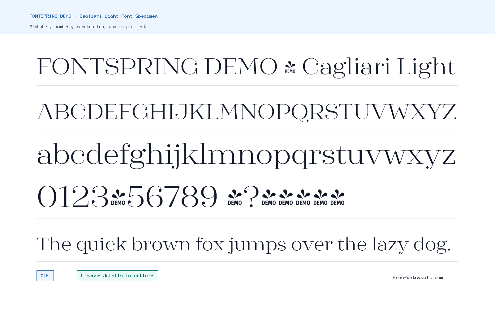FONTSPRING DEMO - Cagliari Light font specimen showing alphabet, numbers, and sample text