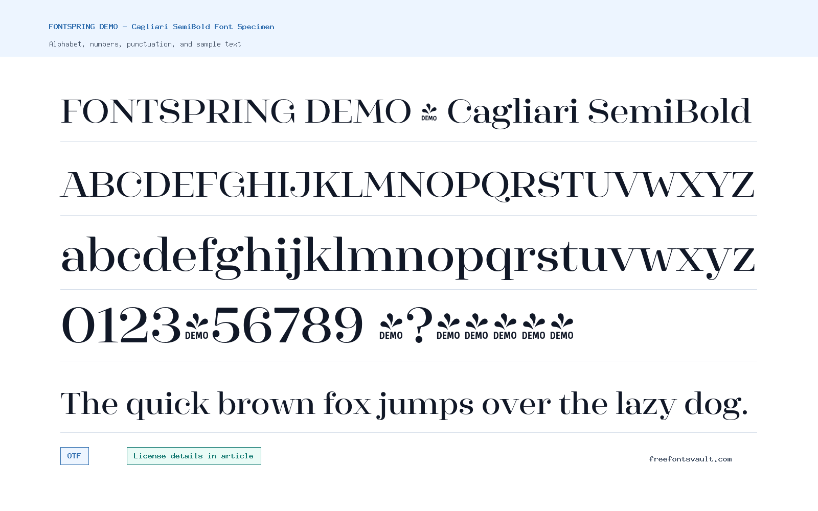 FONTSPRING DEMO - Cagliari SemiBold font specimen showing alphabet, numbers, and sample text