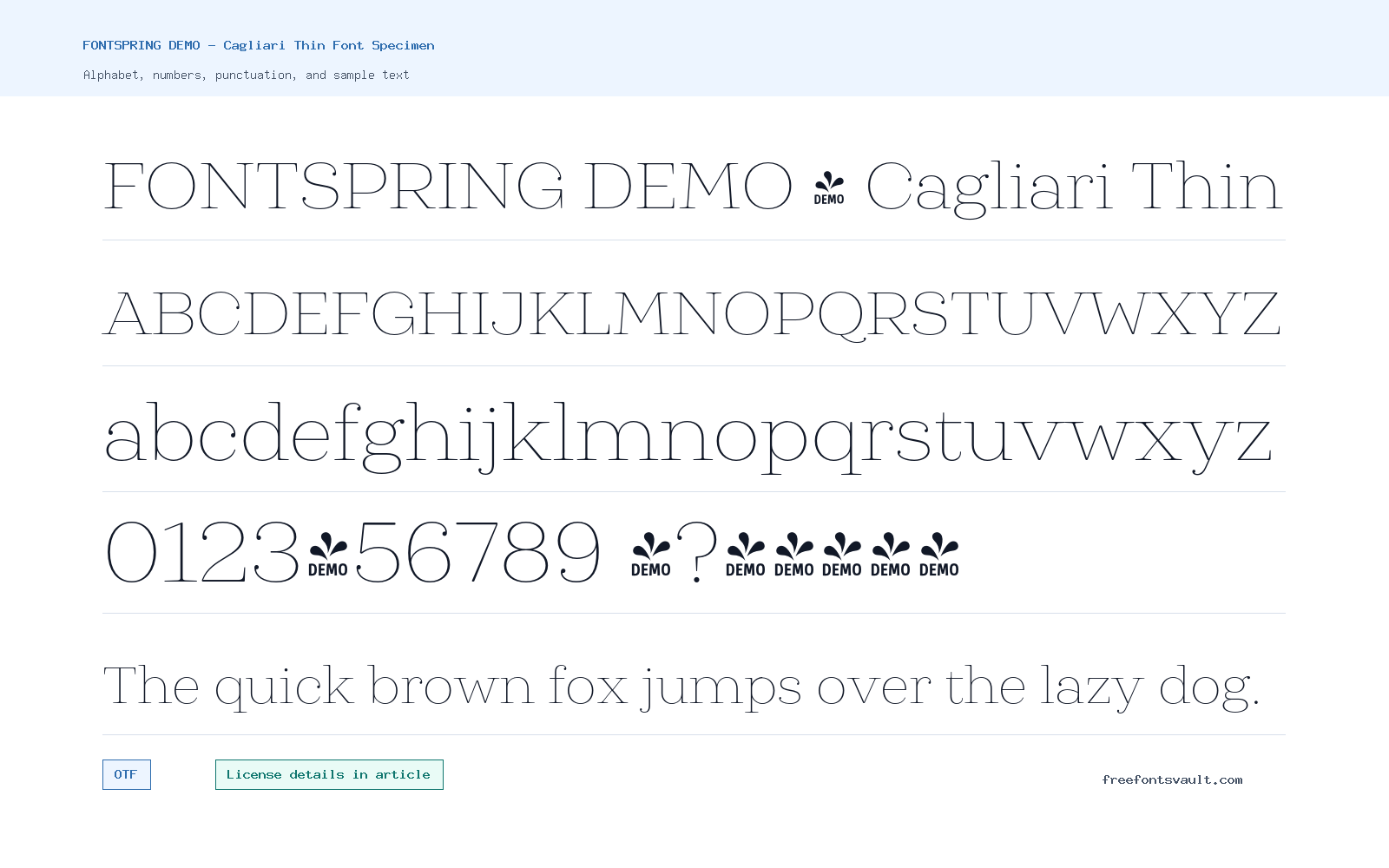 FONTSPRING DEMO - Cagliari Thin font specimen showing alphabet, numbers, and sample text