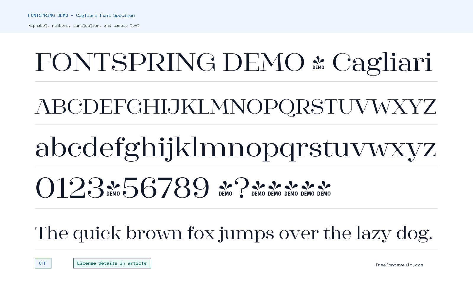 FONTSPRING DEMO - Cagliari font specimen showing alphabet, numbers, and sample text