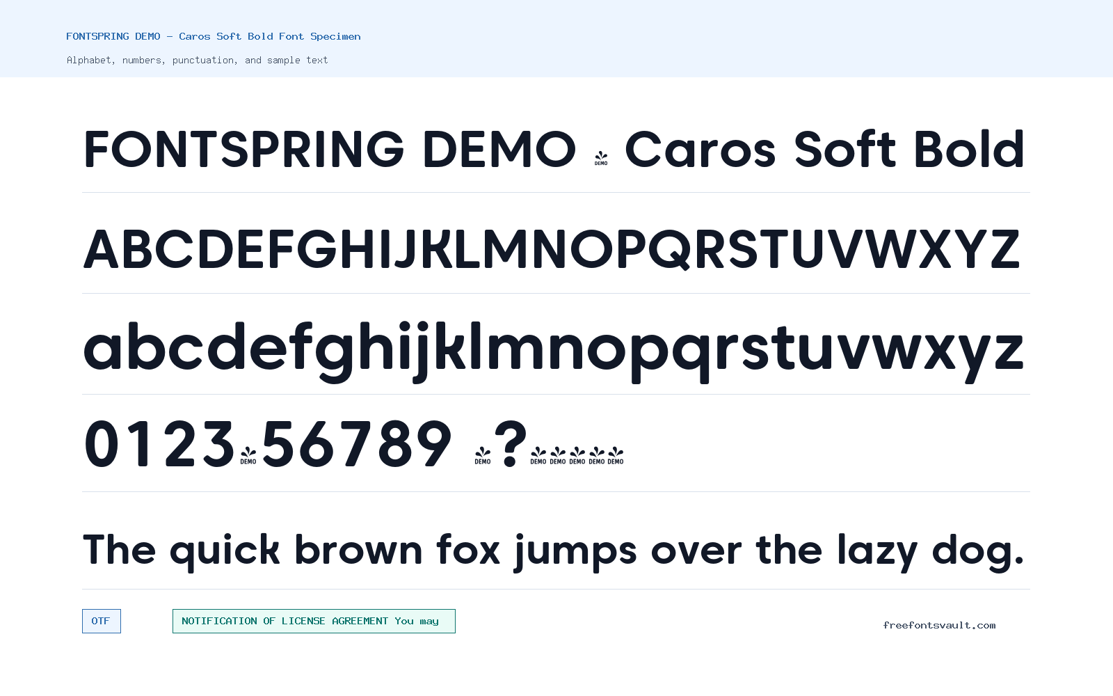 FONTSPRING DEMO - Caros Soft Bold font specimen showing alphabet, numbers, and sample text