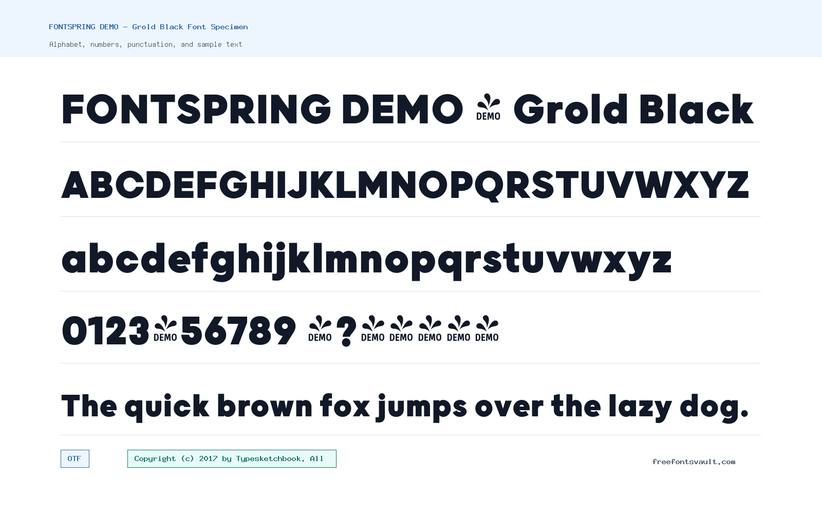 FONTSPRING DEMO - Grold Black font specimen showing alphabet, numbers, and sample text