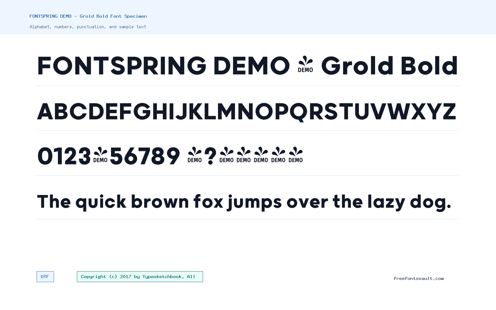 FONTSPRING DEMO - Grold Bold font specimen showing alphabet, numbers, and sample text