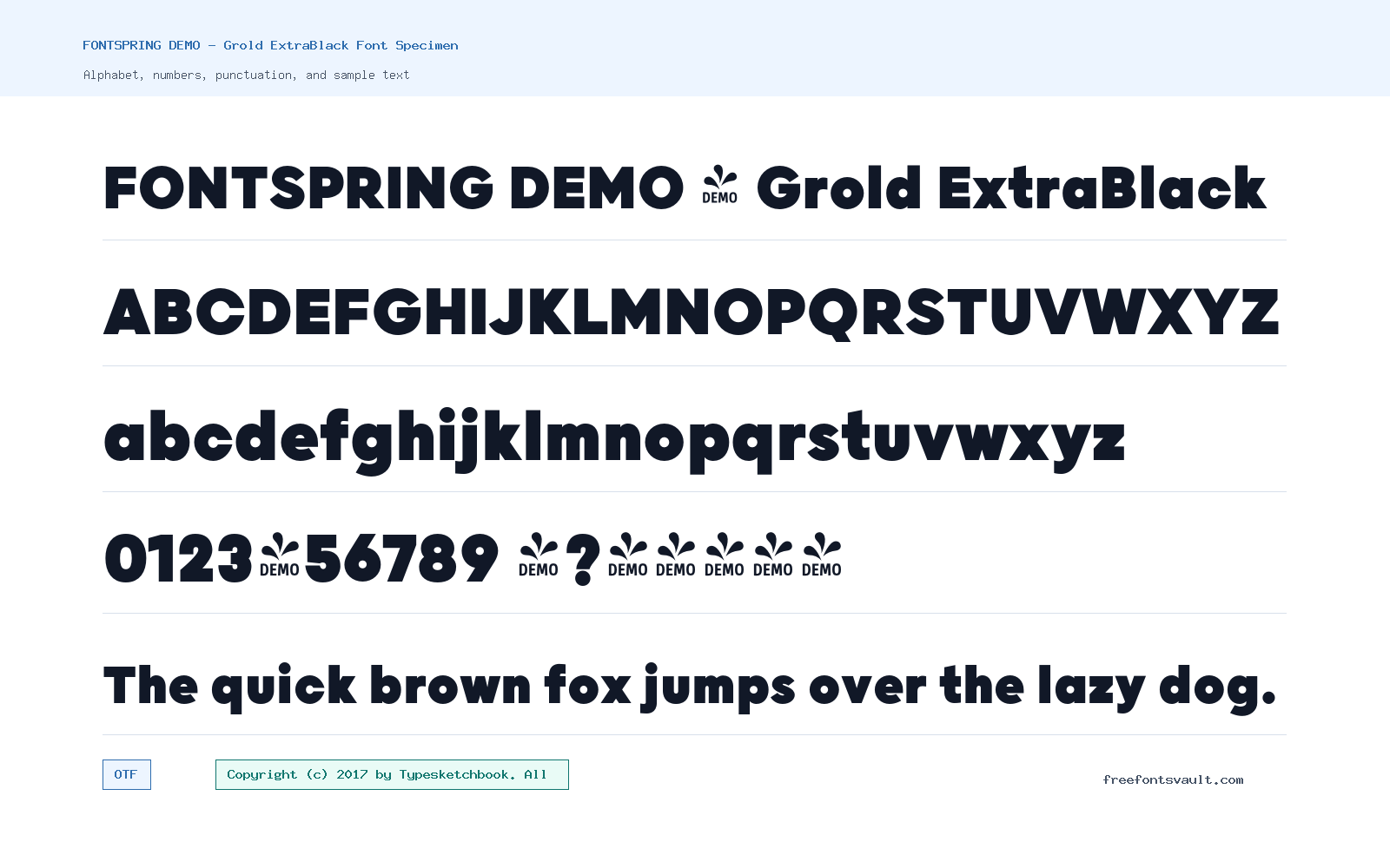 FONTSPRING DEMO - Grold ExtraBlack font specimen showing alphabet, numbers, and sample text