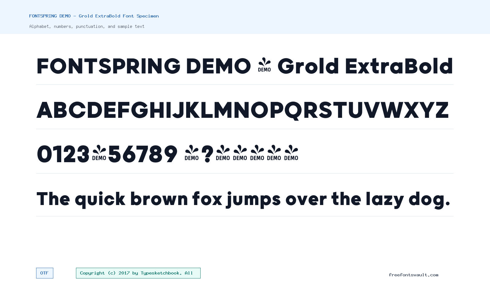 FONTSPRING DEMO - Grold ExtraBold font specimen showing alphabet, numbers, and sample text