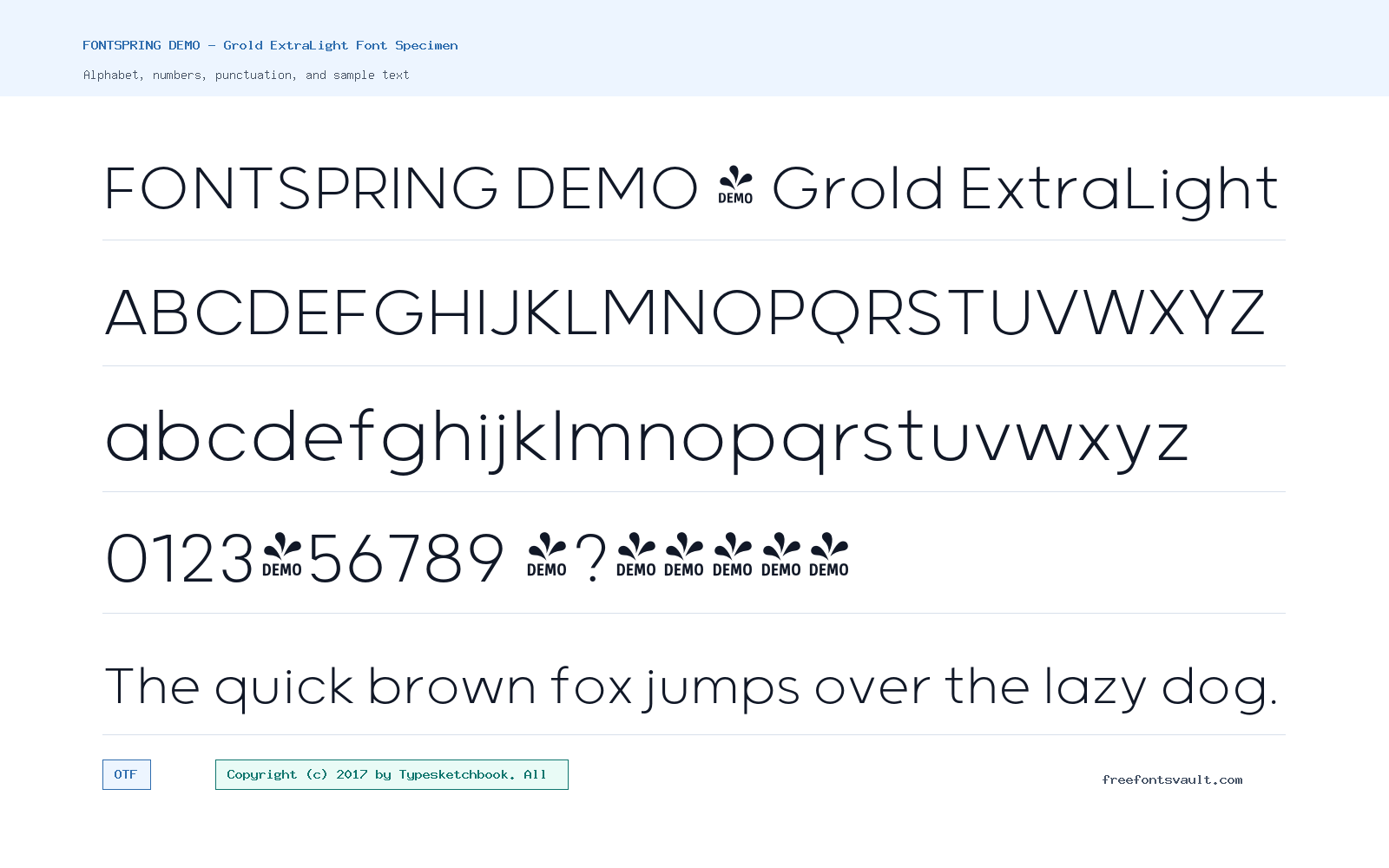 FONTSPRING DEMO - Grold ExtraLight font specimen showing alphabet, numbers, and sample text