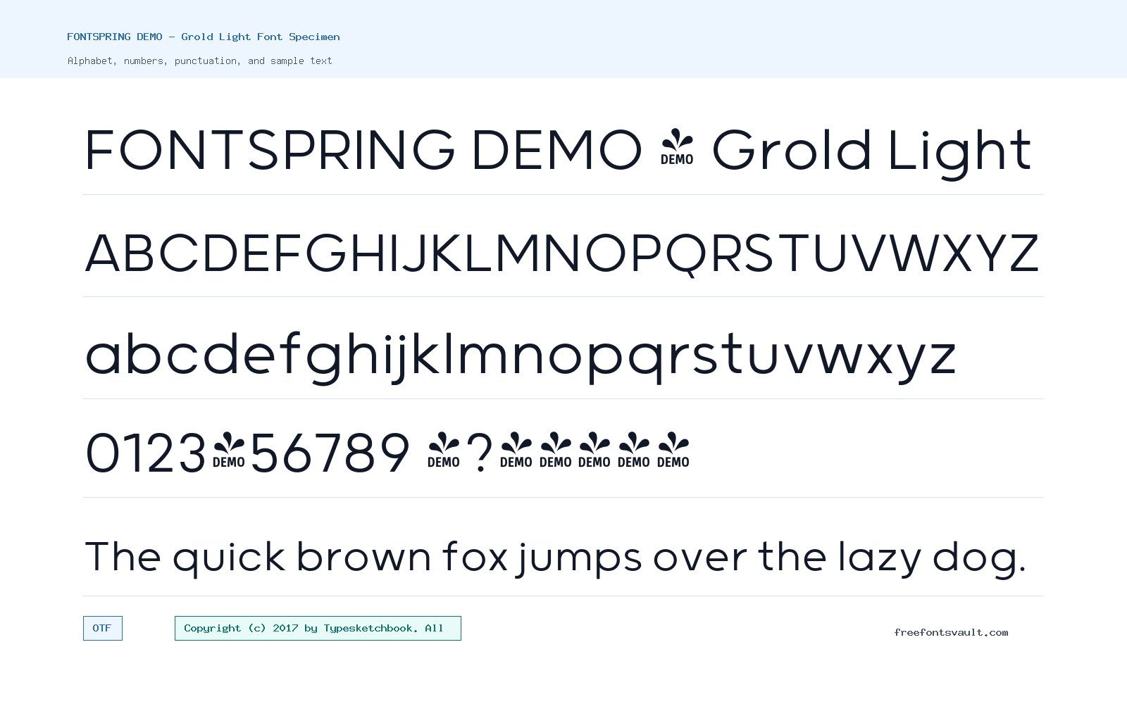 FONTSPRING DEMO - Grold Light font specimen showing alphabet, numbers, and sample text