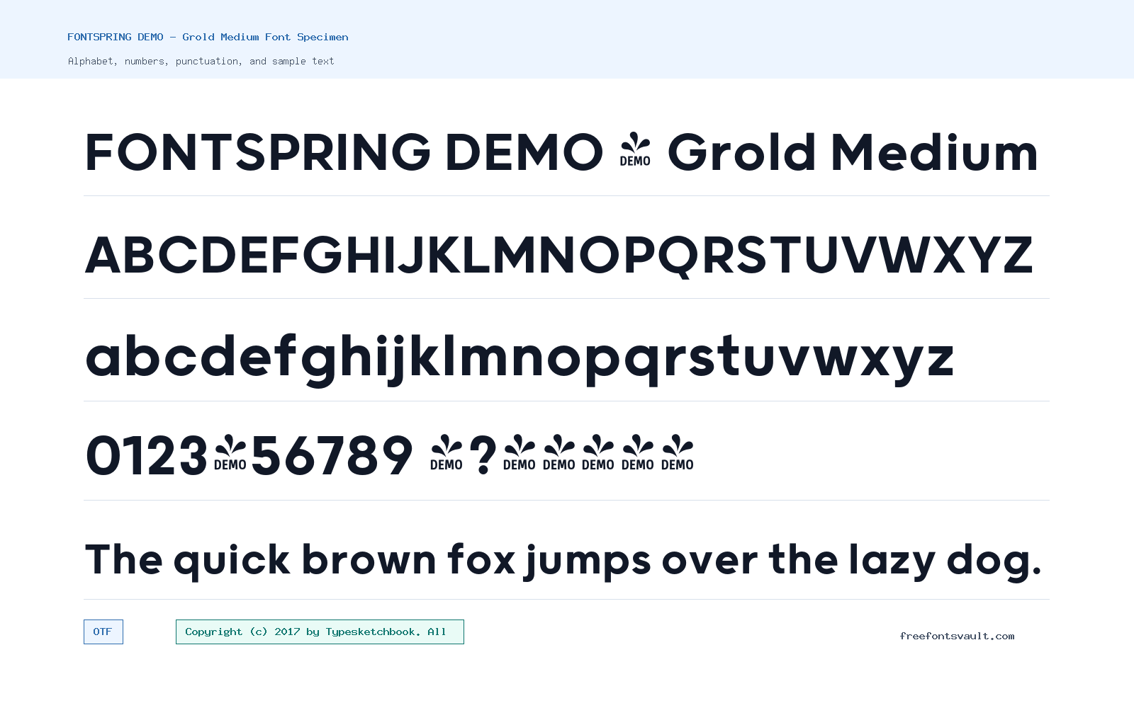 FONTSPRING DEMO - Grold Medium font specimen showing alphabet, numbers, and sample text